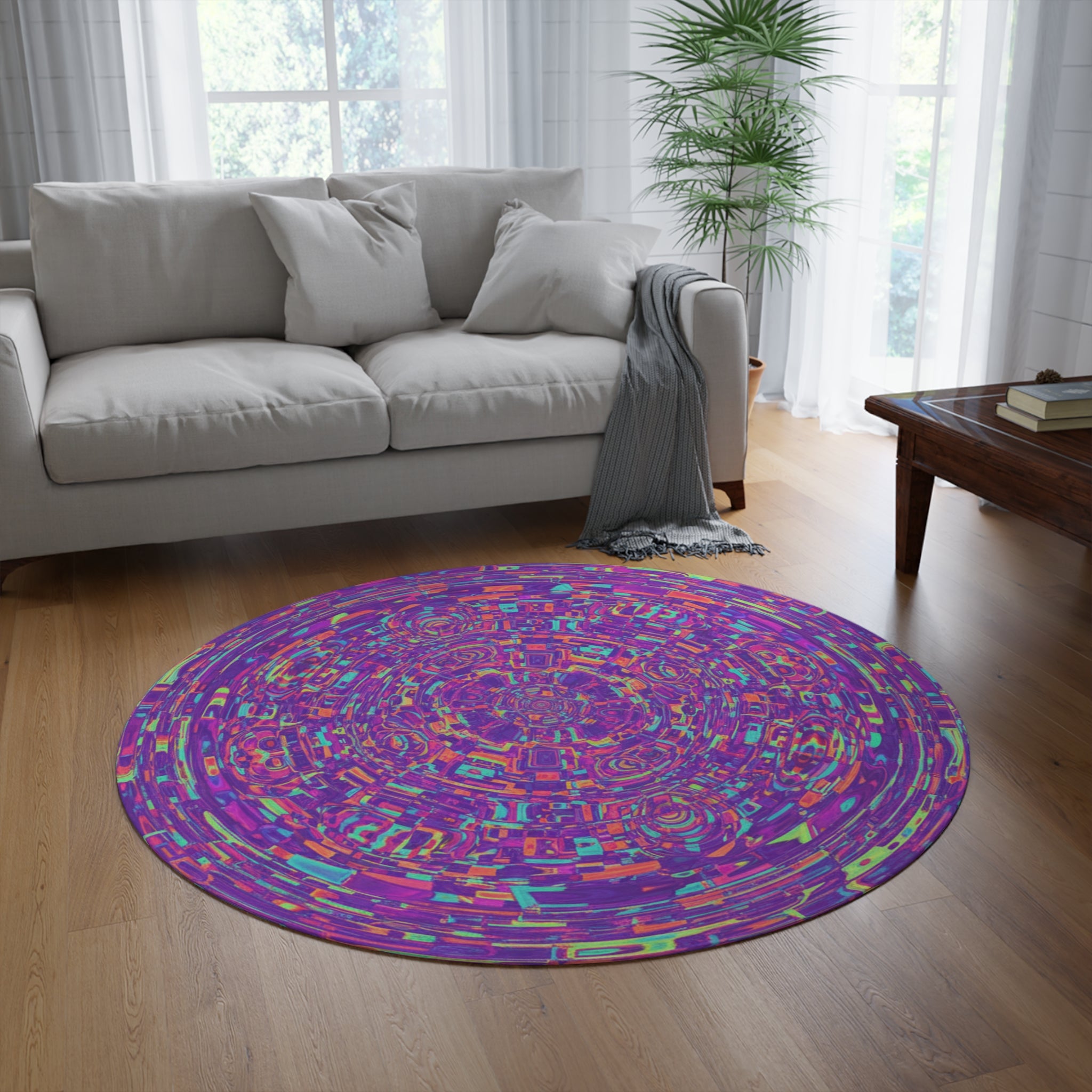 Psychedelic Kaleidoscope Round Rug — Vibrant Purple Mandala Accent Mat