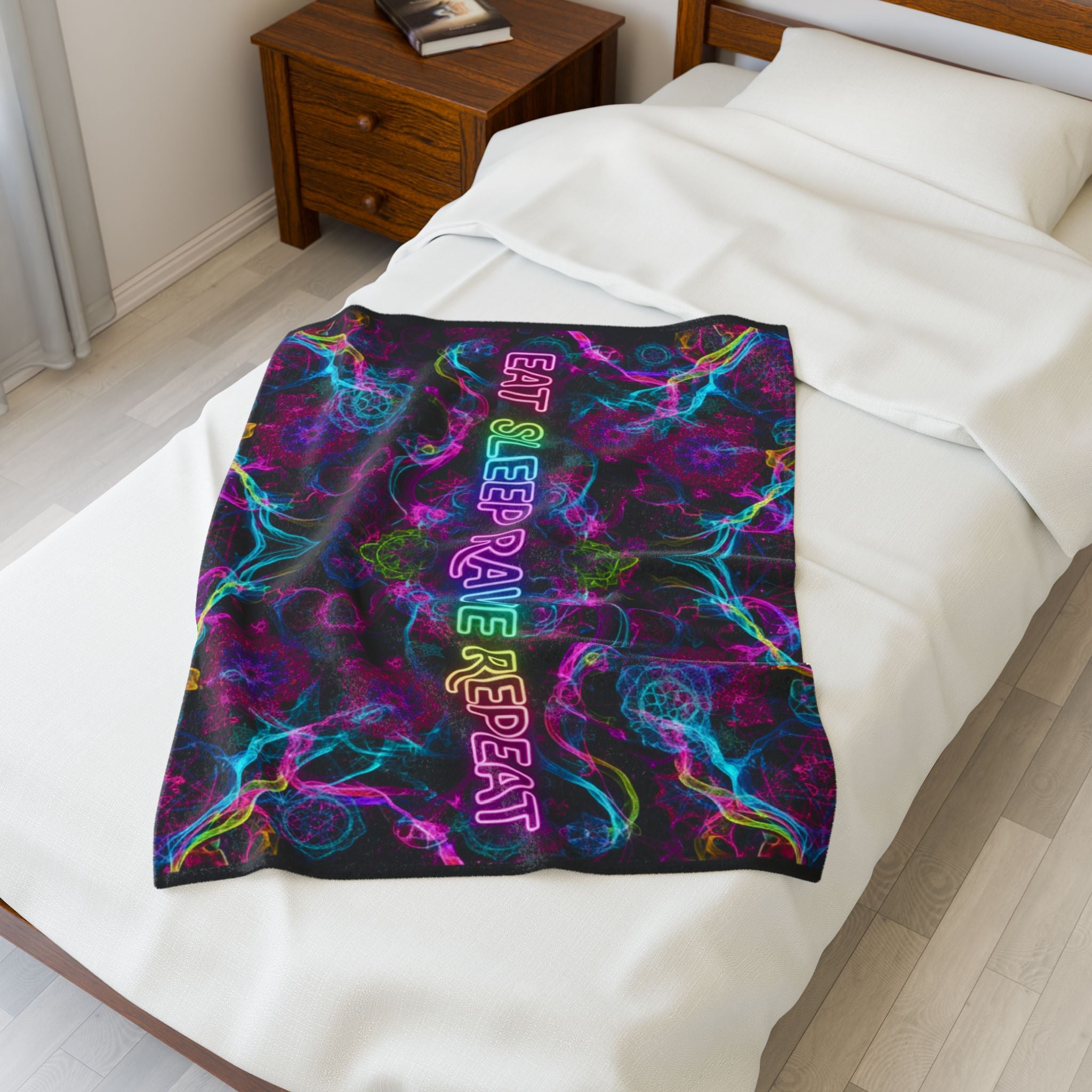 Velveteen Blanket - "Eat Sleep Rave Repeat" Neon Psychedelic Plush Throw