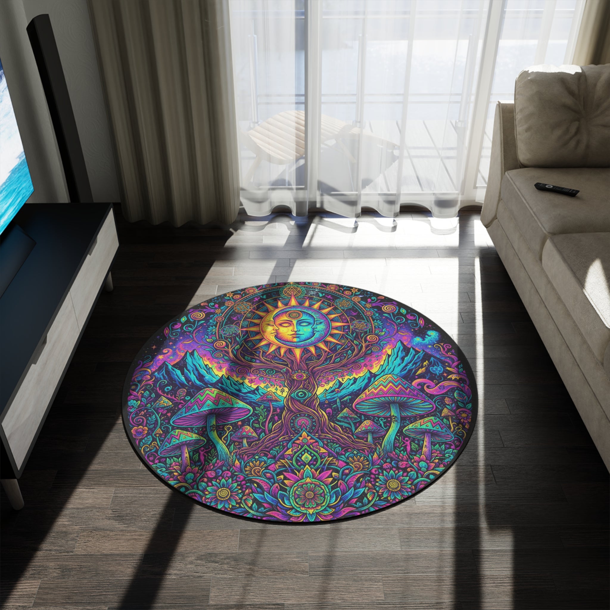 Psychedelic Sun & Mushroom Round Rug