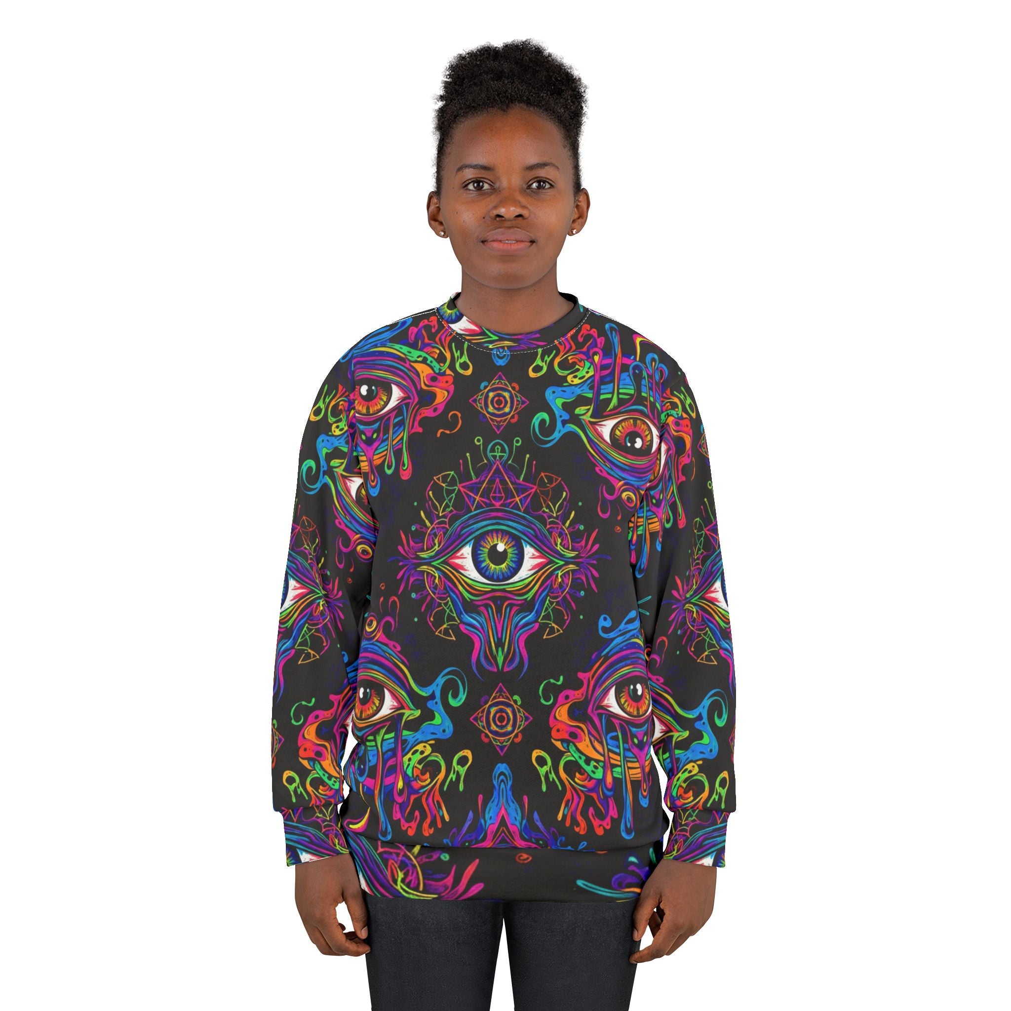Psychedelic All-Over Print Sweatshirt — Neon Dripping Eyes Mystic Design