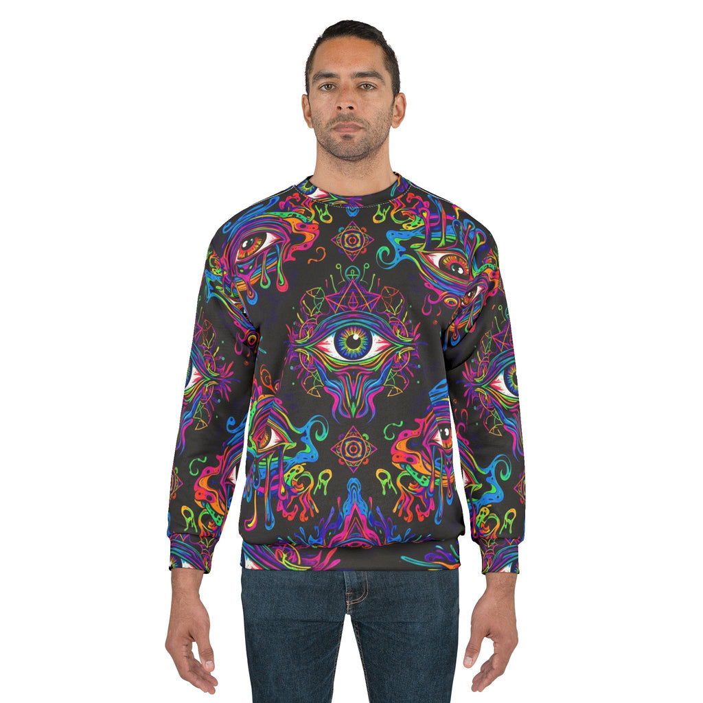 Psychedelic All-Over Print Sweatshirt — Neon Dripping Eyes Mystic Design