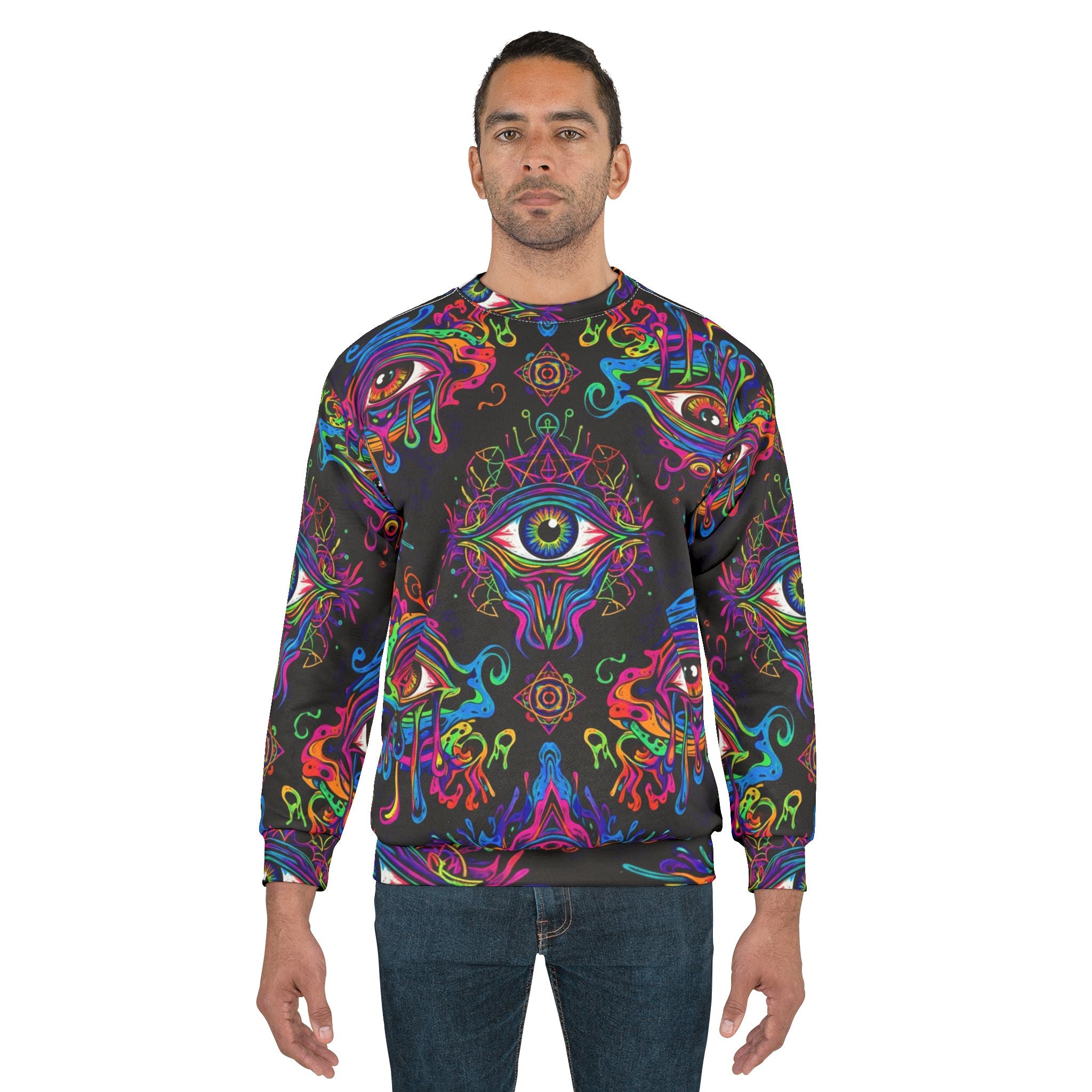 Psychedelic All-Over Print Sweatshirt — Neon Dripping Eyes Mystic Design