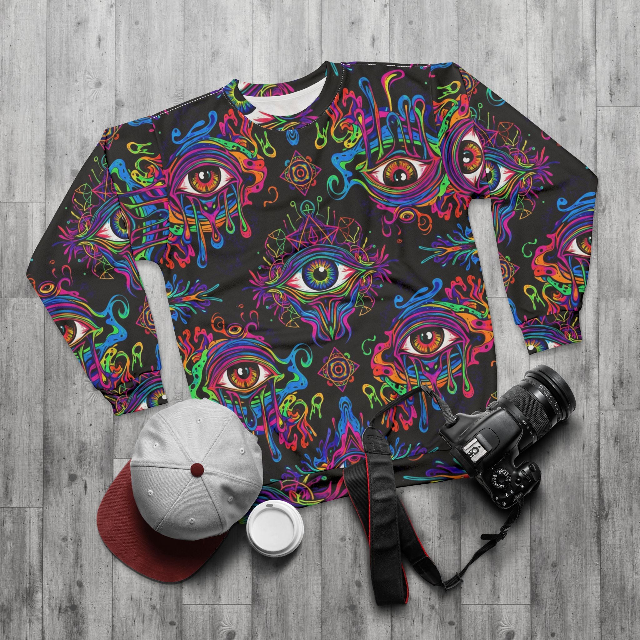 Psychedelic All-Over Print Sweatshirt — Neon Dripping Eyes Mystic Design