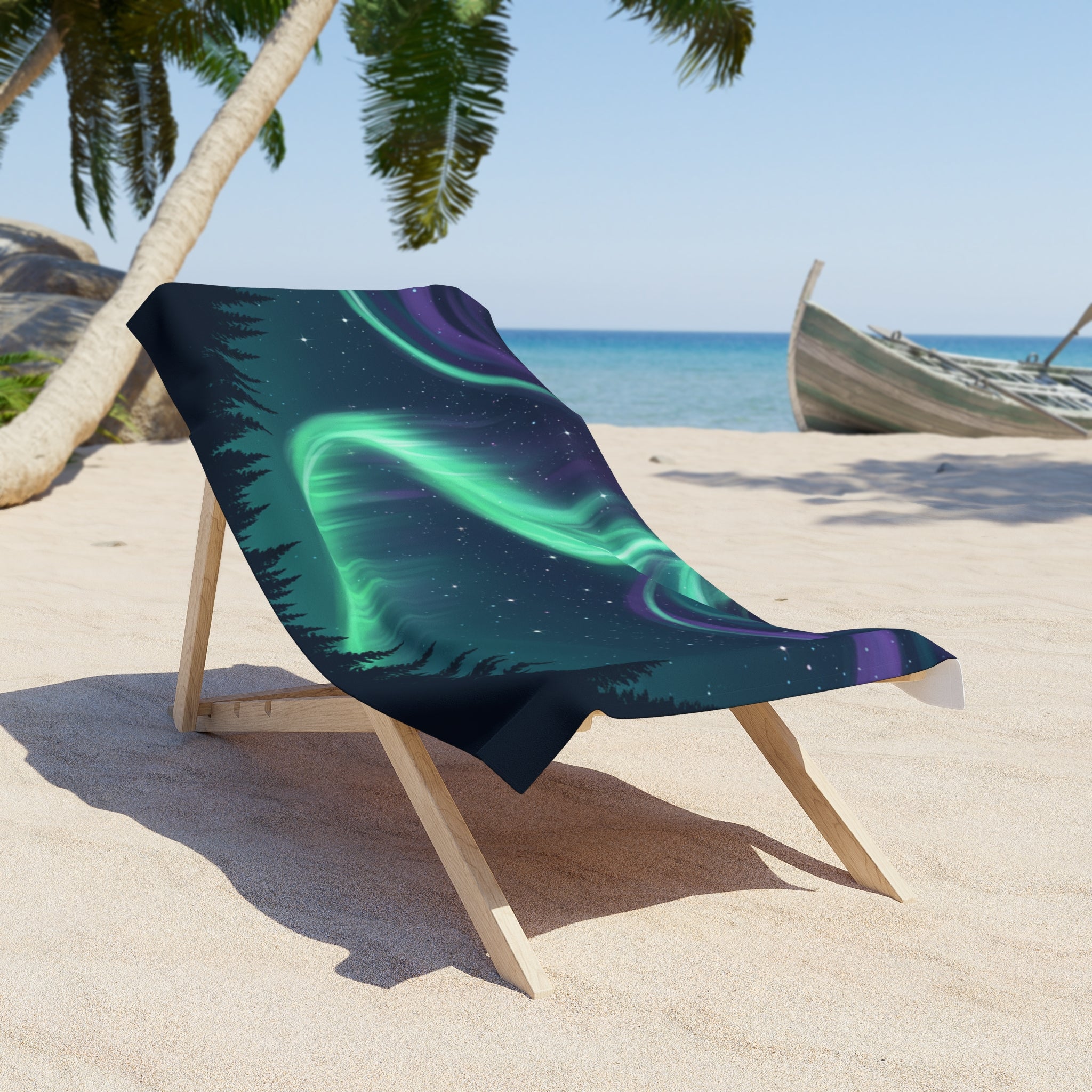 Aurora Night Sky Beach Towel — Northern Lights Sunset Coastal Towel