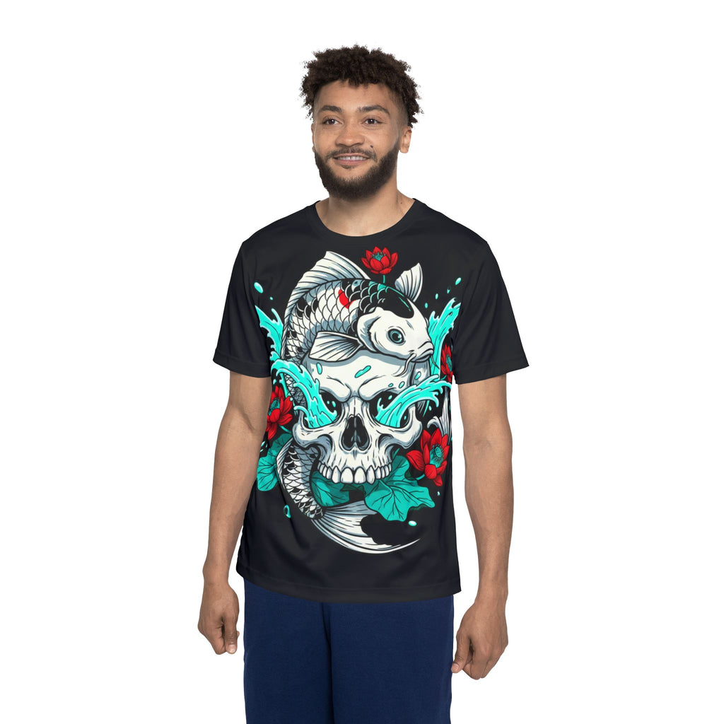 Koi Skull Graphic Jersey — Men’s Athletic Tee with Floral Tattoo Design