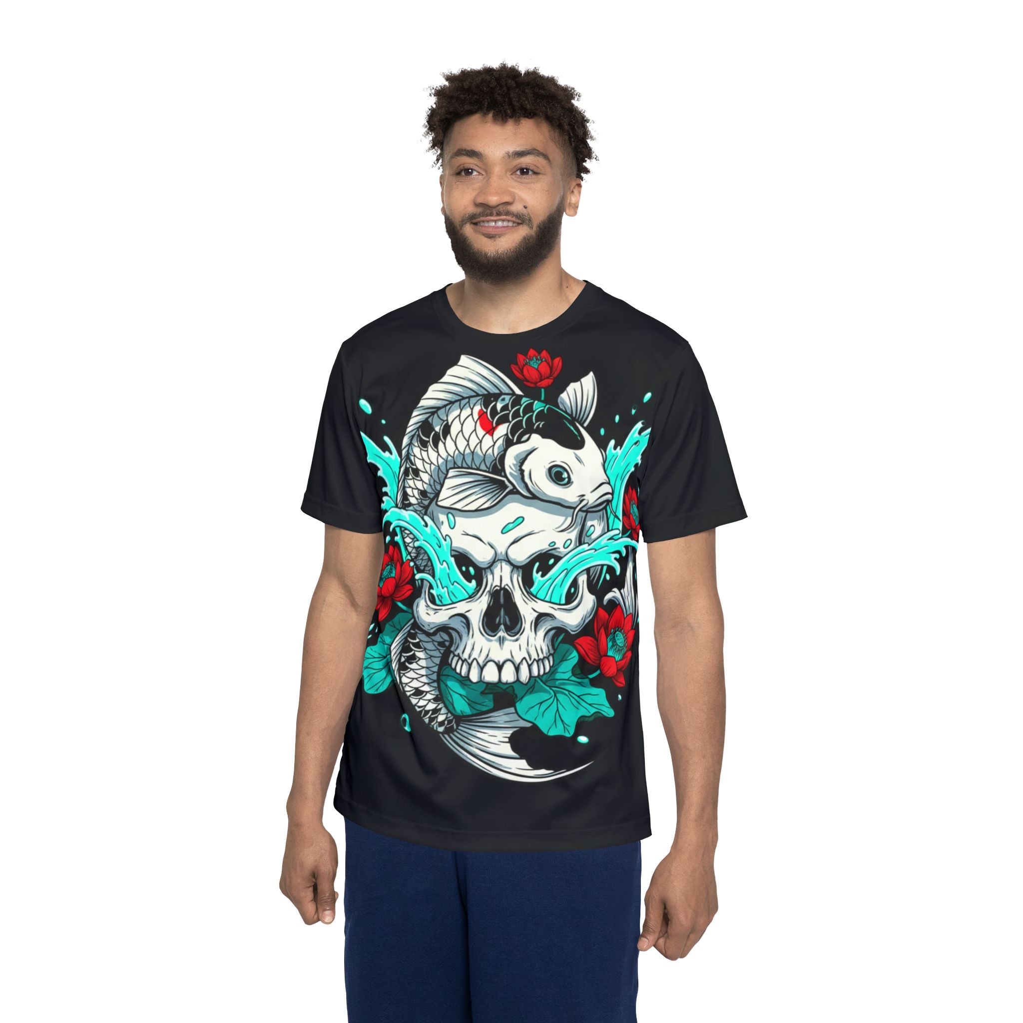 Koi Skull Graphic Jersey — Men’s Athletic Tee with Floral Tattoo Design