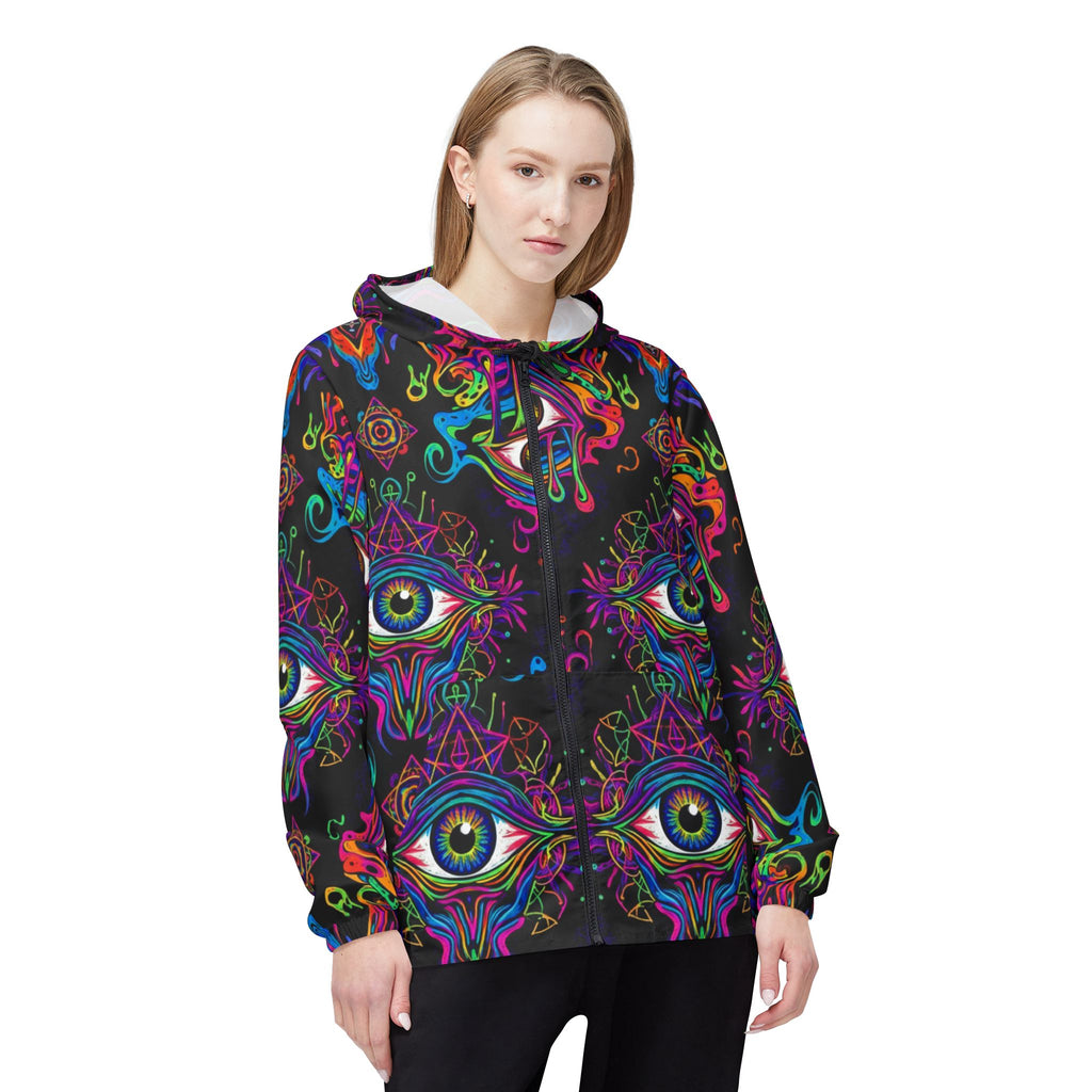 Psychedelic All-Seeing Eye Windbreaker Jacket — Neon Trippy AOP Hooded Shell