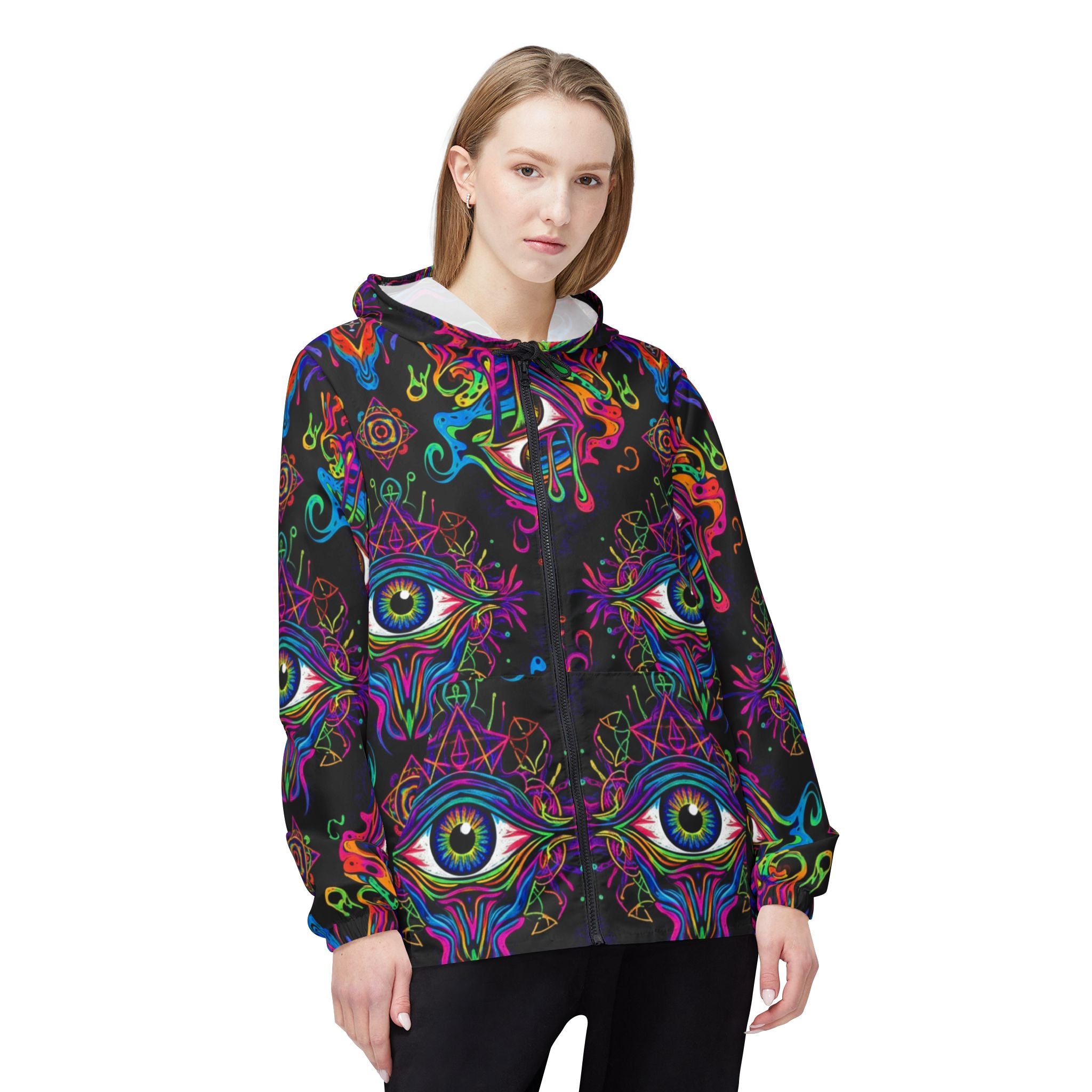Psychedelic All-Seeing Eye Windbreaker Jacket — Neon Trippy AOP Hooded Shell