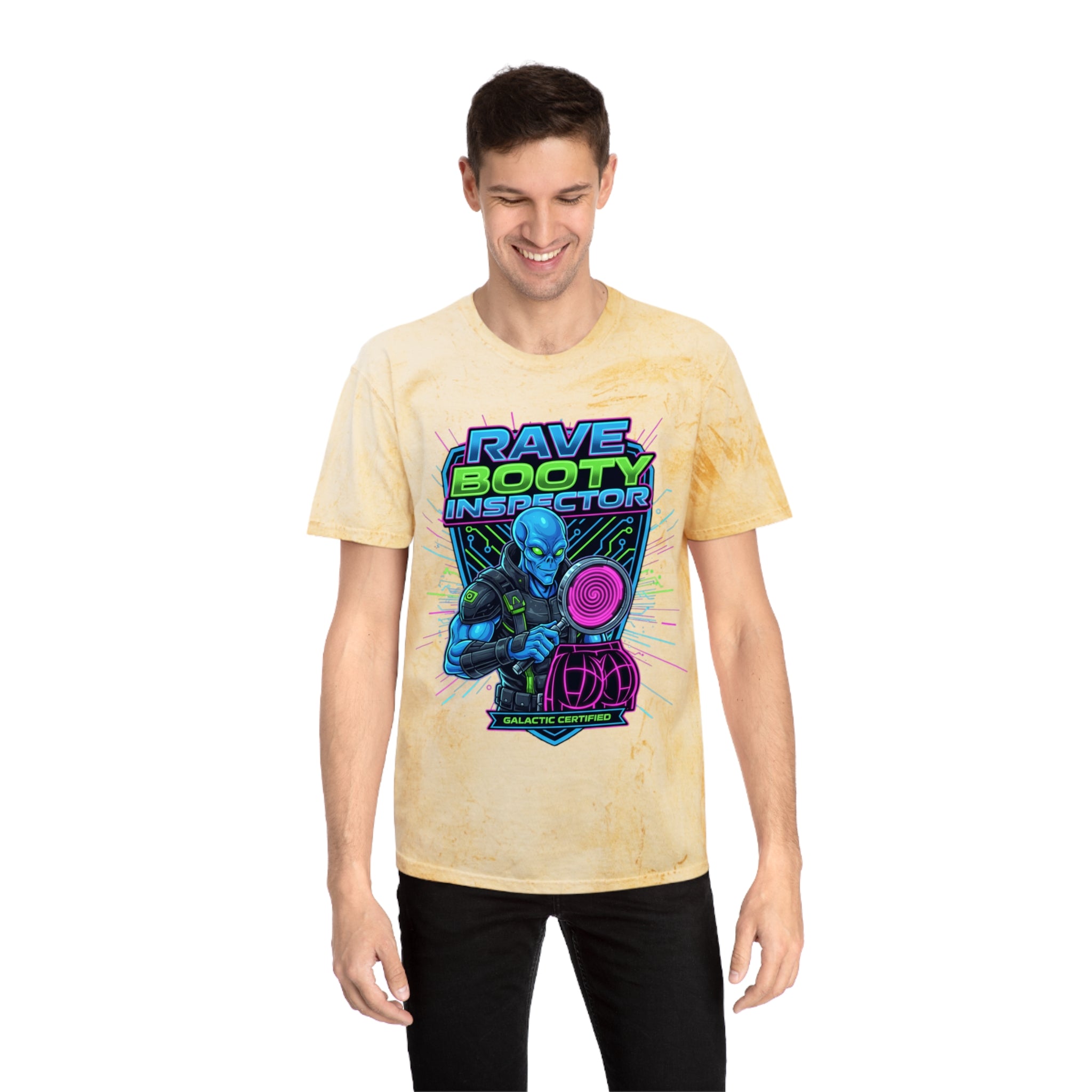 Rave Booty Inspector T‑Shirt — Neon Alien DJ Graphic Tee
