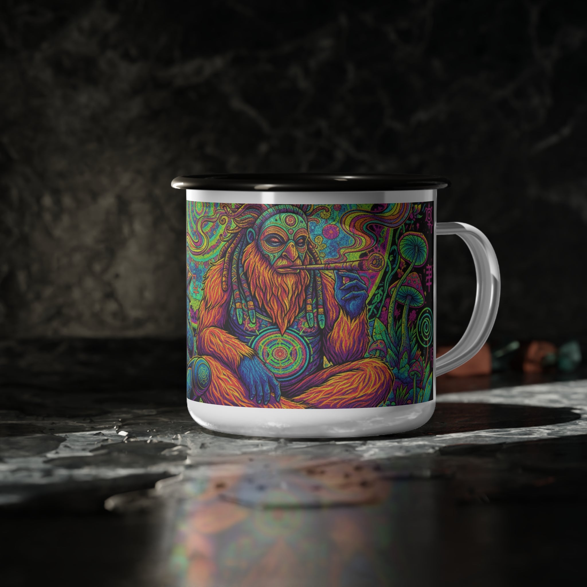 Psychedelic Alien & Sasquatch Enamel Camp Cup — Trippy Mushroom Camping Mug