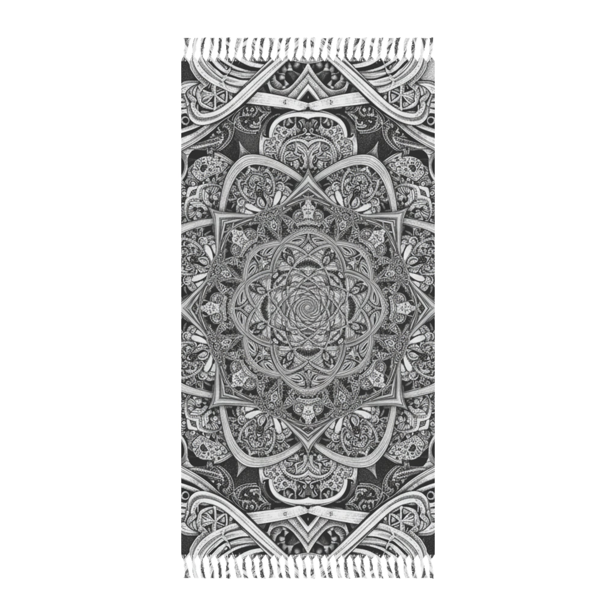 Boho Mandala Beach Towel – Black & White Fringe Turkish-Style Throw