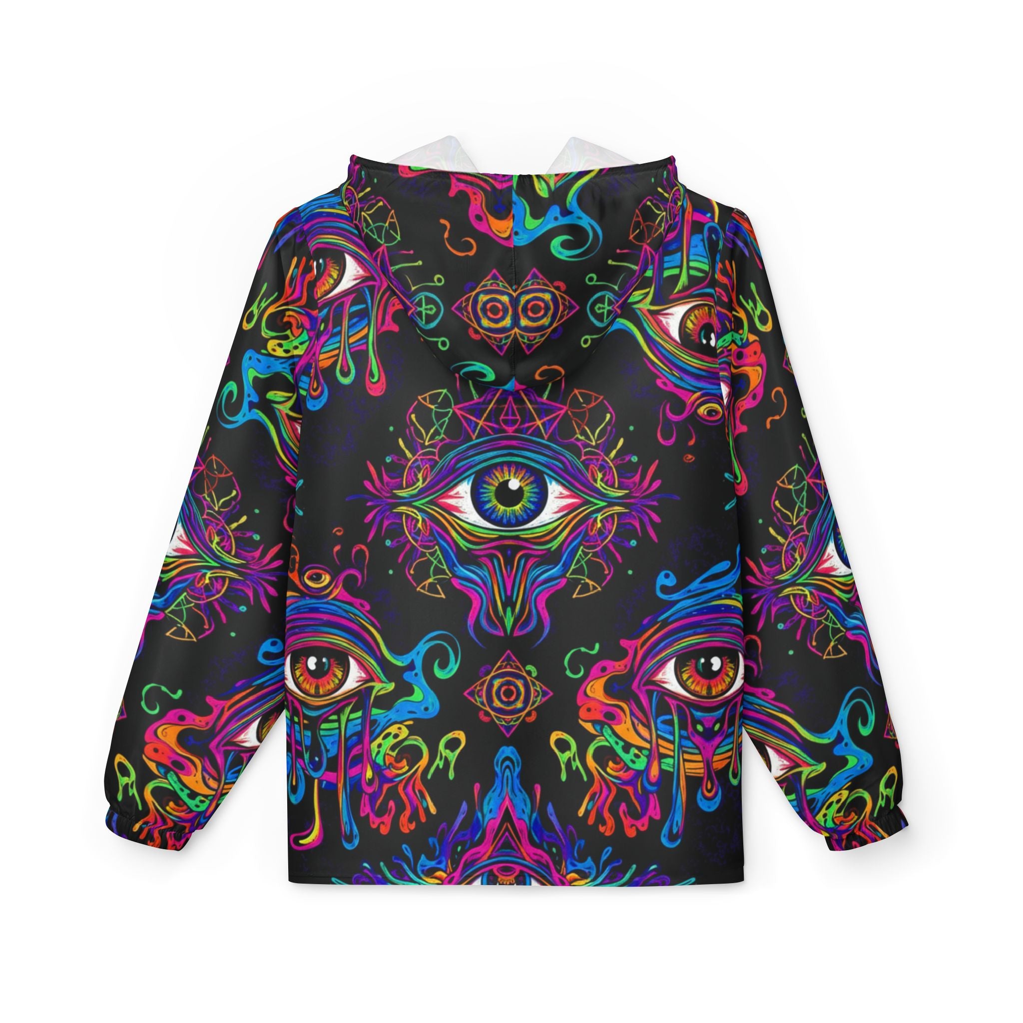 Psychedelic All-Seeing Eye Windbreaker Jacket — Neon Trippy AOP Hooded Shell