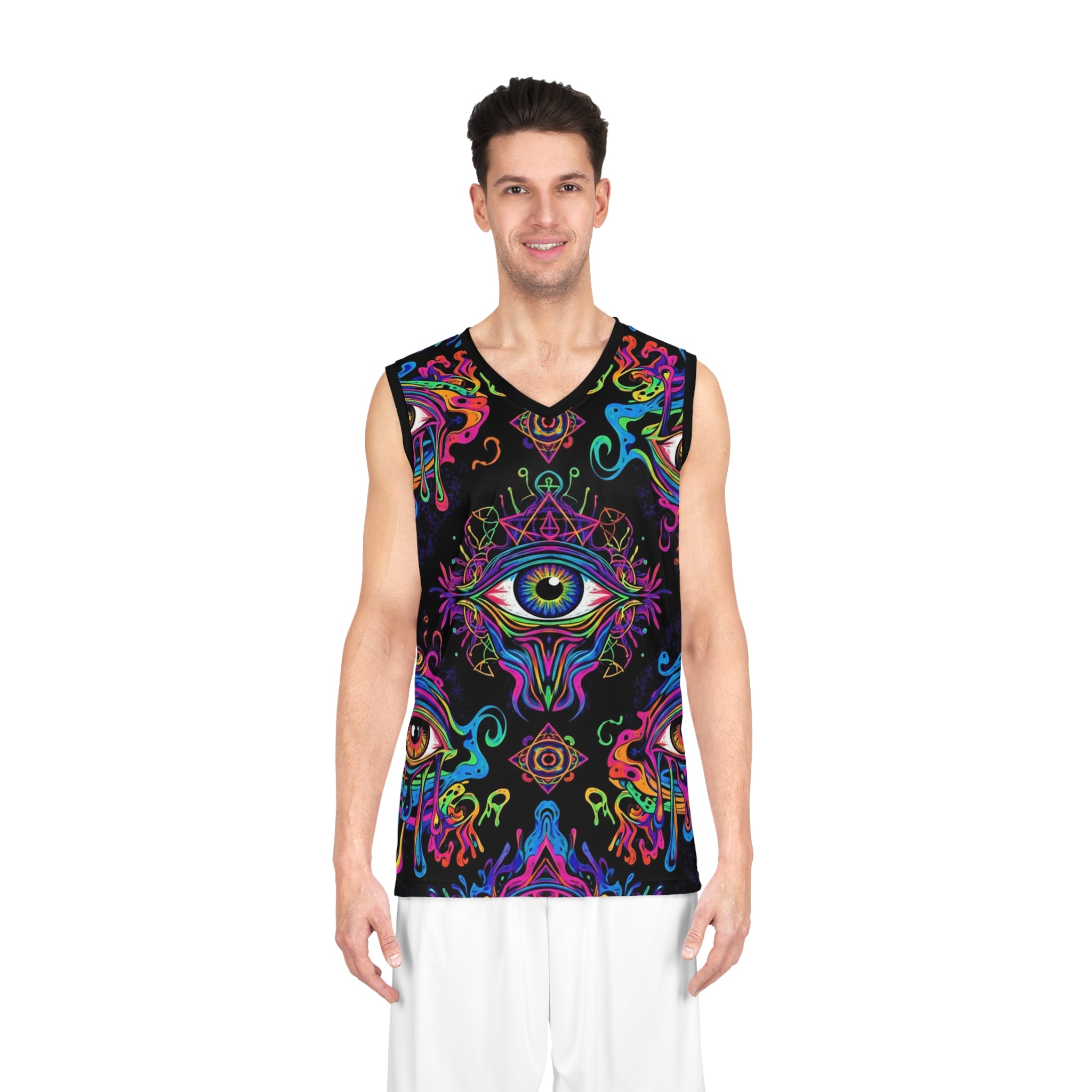 Psychedelic All-Over Print Basketball Jersey — Neon Dripping Third Eye Design