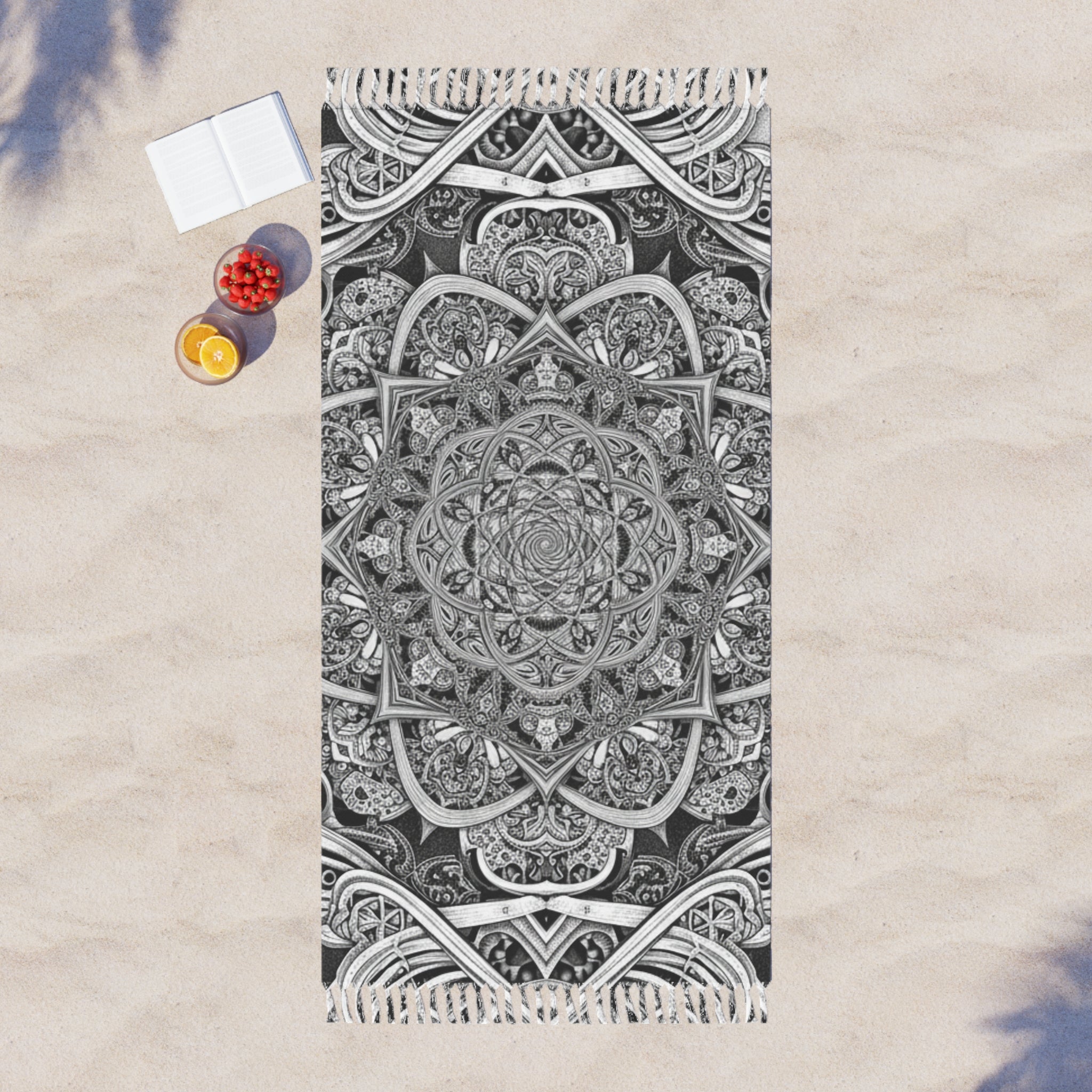 Boho Mandala Beach Towel – Black & White Fringe Turkish-Style Throw