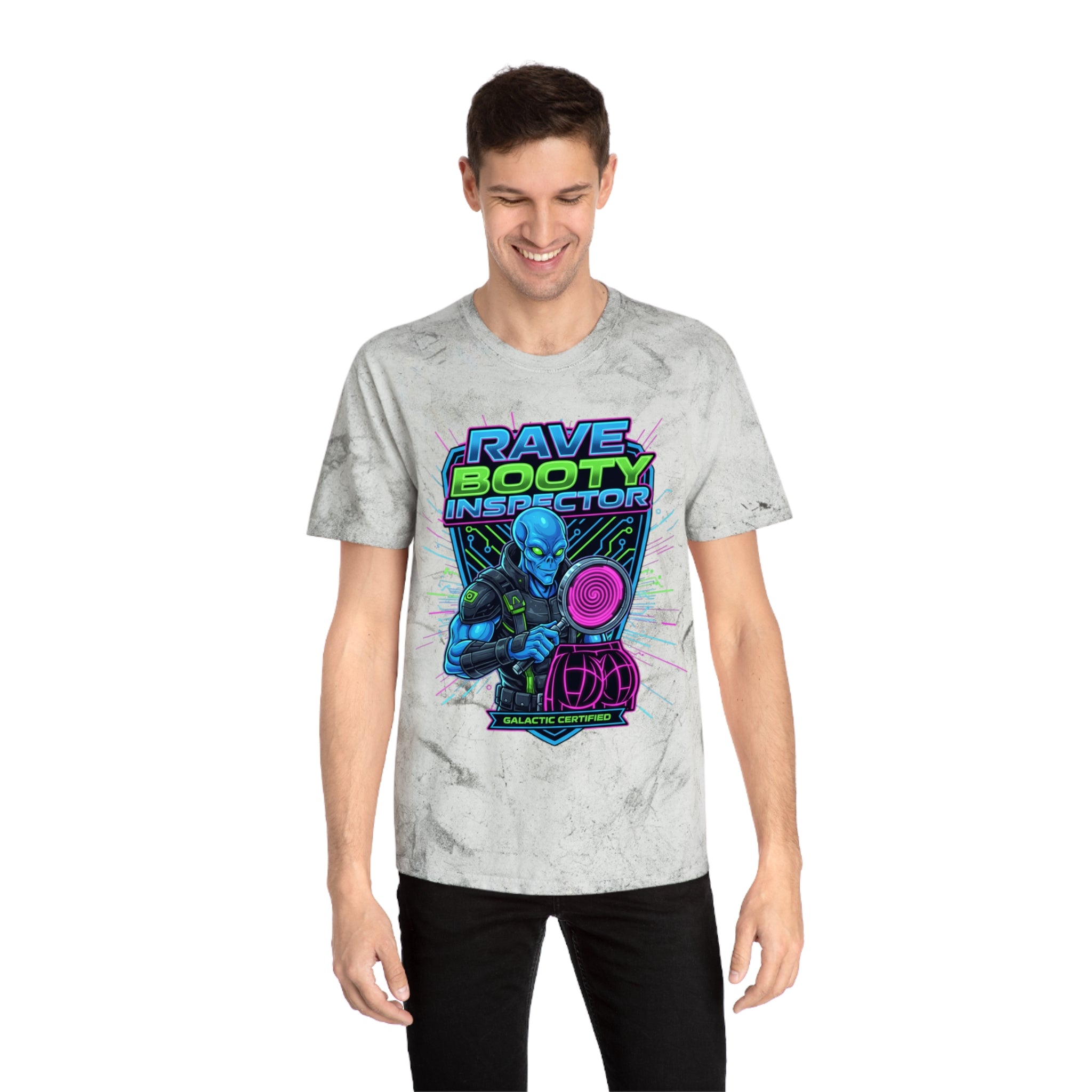 Rave Booty Inspector T‑Shirt — Neon Alien DJ Graphic Tee