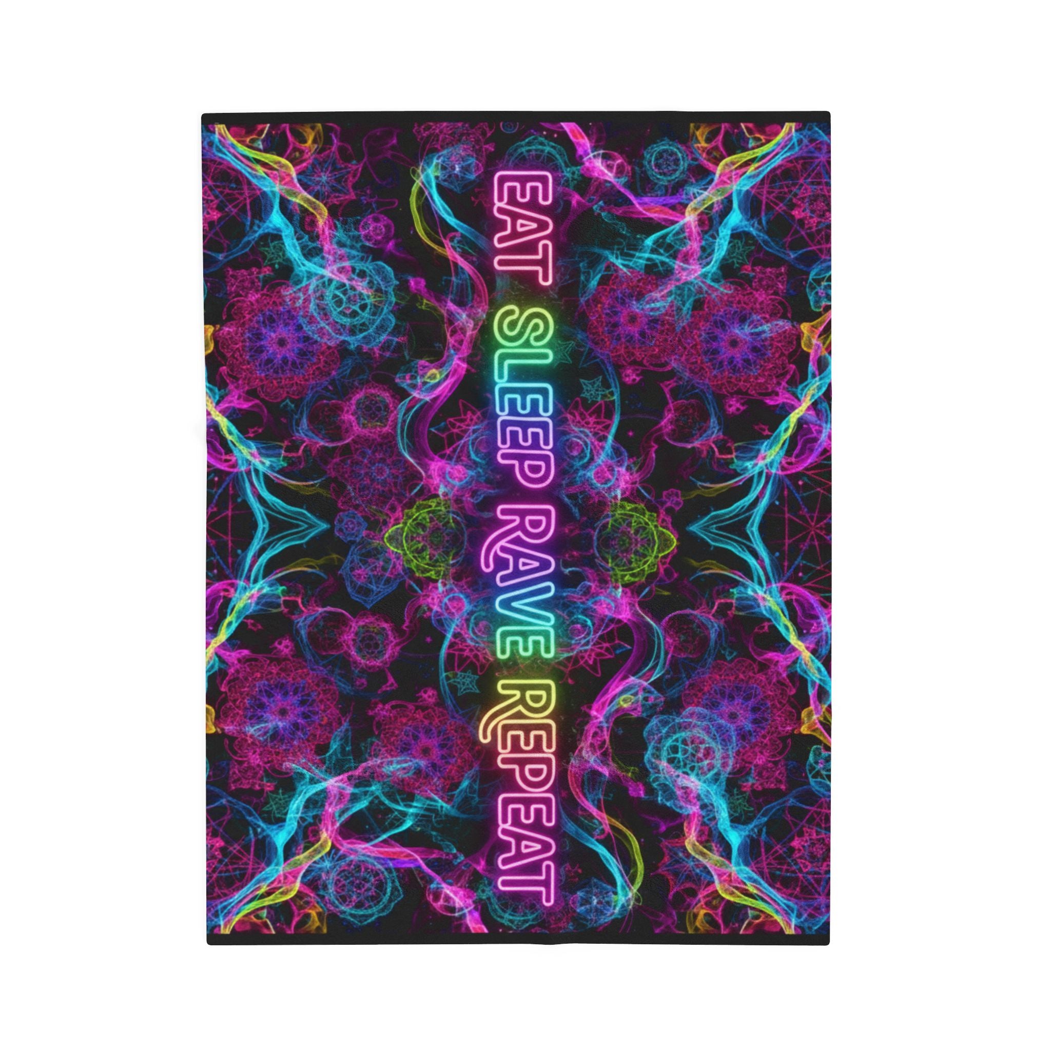 Velveteen Blanket - "Eat Sleep Rave Repeat" Neon Psychedelic Plush Throw