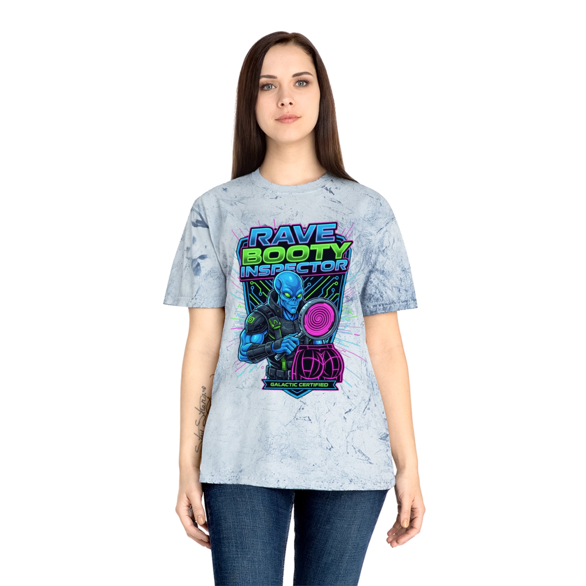 Rave Booty Inspector T‑Shirt — Neon Alien DJ Graphic Tee