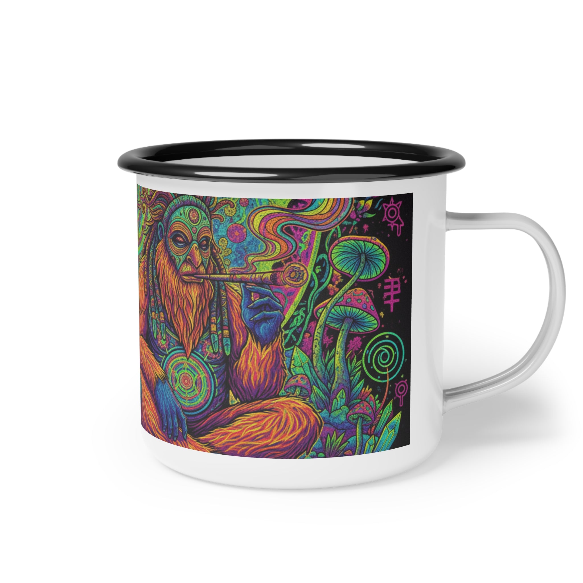 Psychedelic Alien & Sasquatch Enamel Camp Cup — Trippy Mushroom Camping Mug