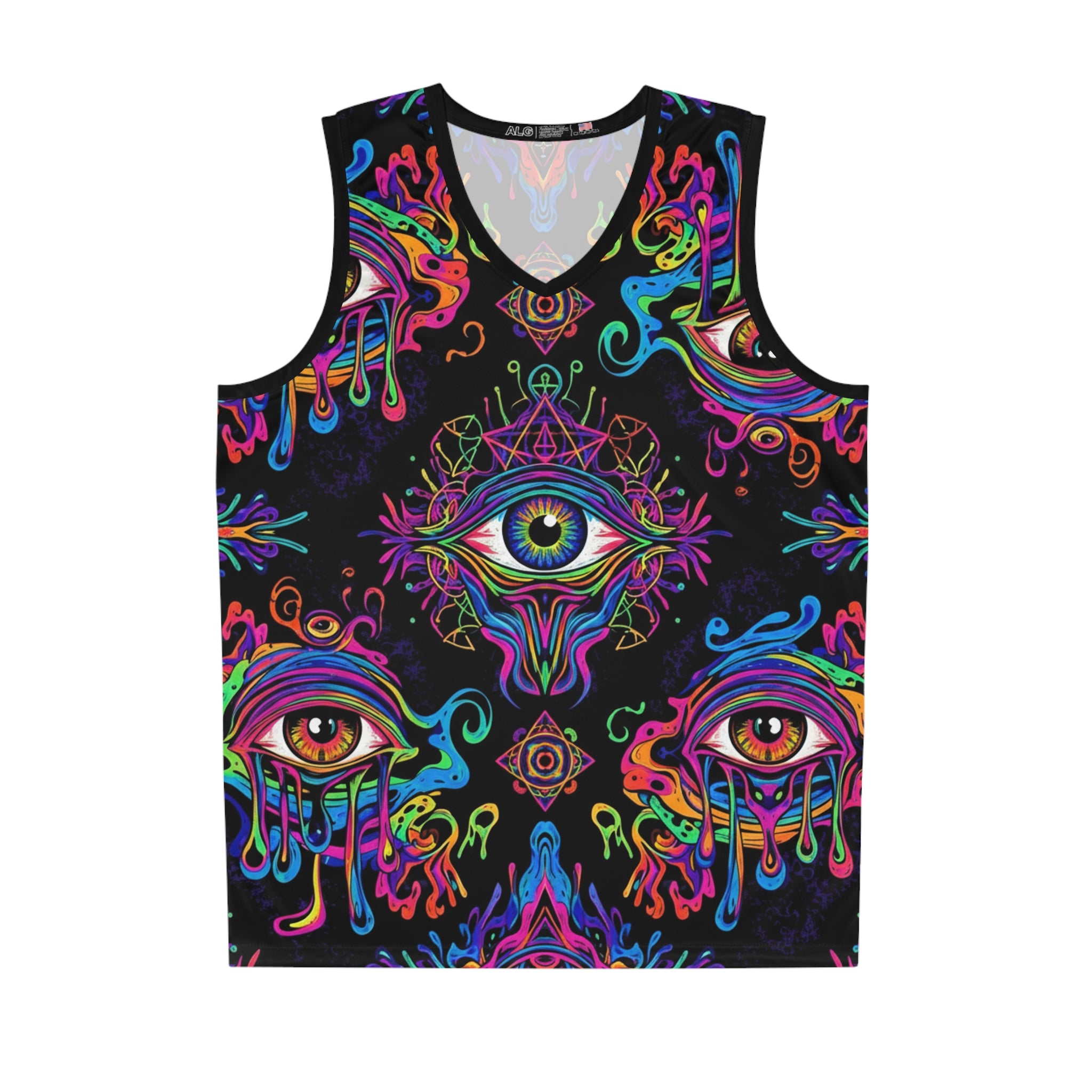 Psychedelic All-Over Print Basketball Jersey — Neon Dripping Third Eye Design