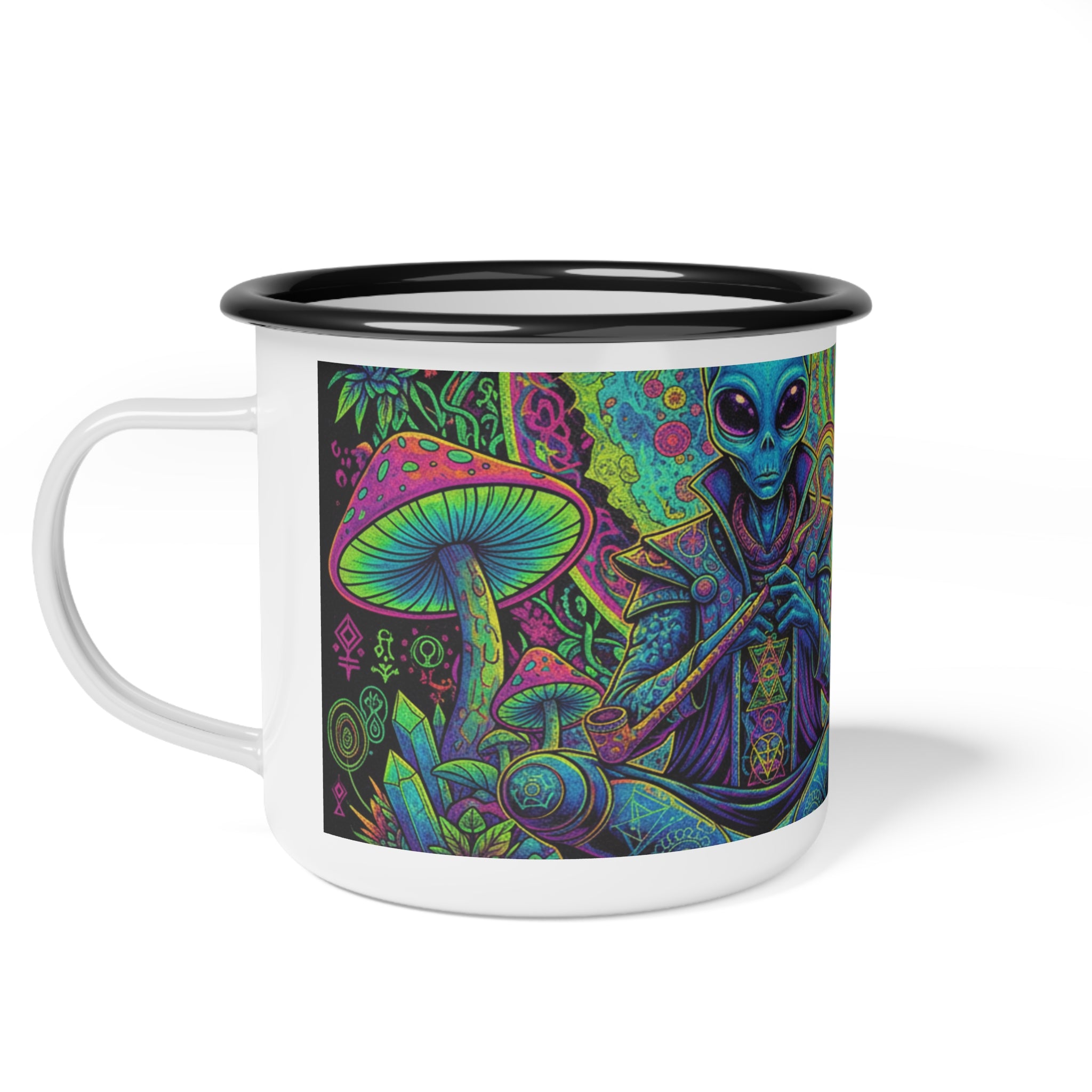 Psychedelic Alien & Sasquatch Enamel Camp Cup — Trippy Mushroom Camping Mug