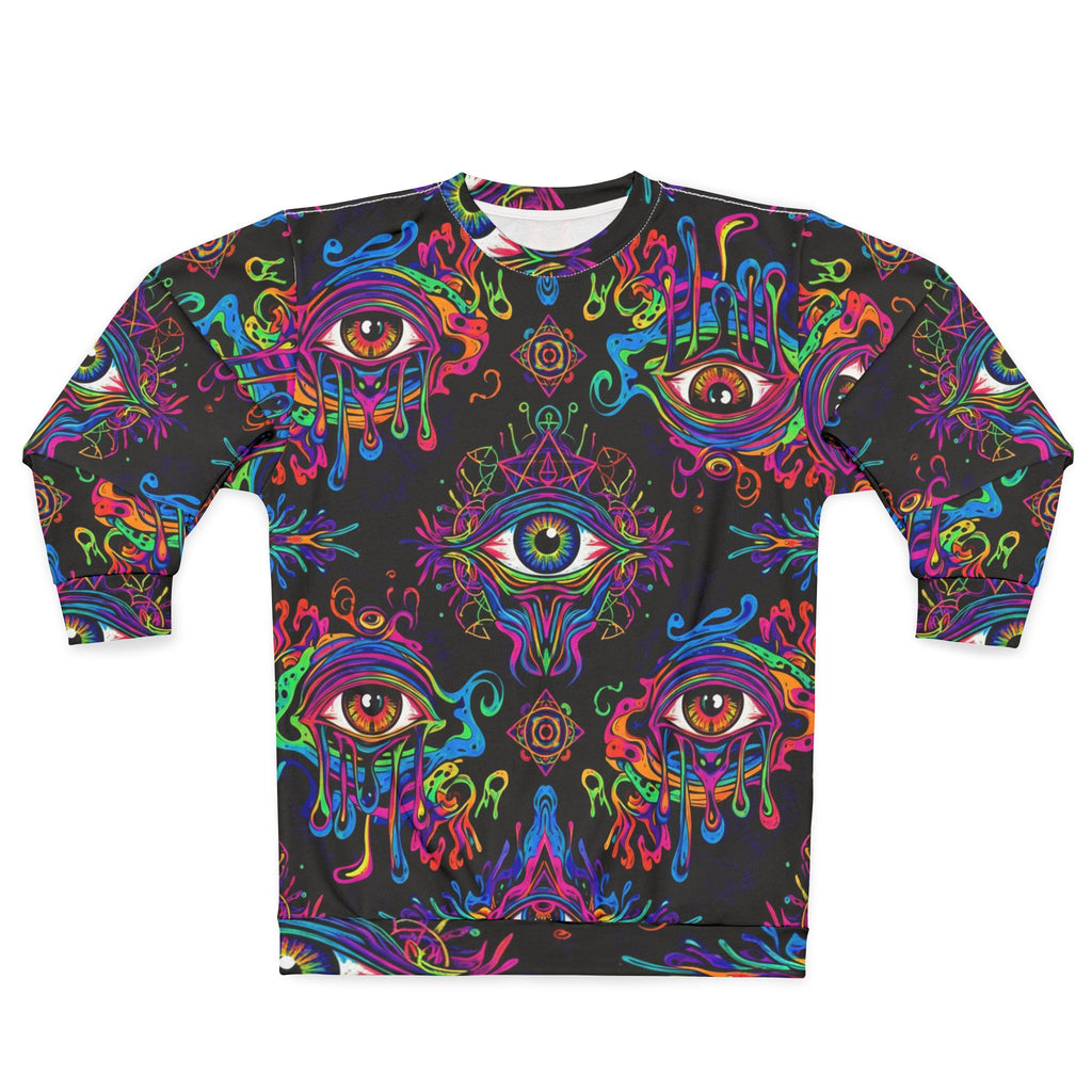 Psychedelic All-Over Print Sweatshirt — Neon Dripping Eyes Mystic Design