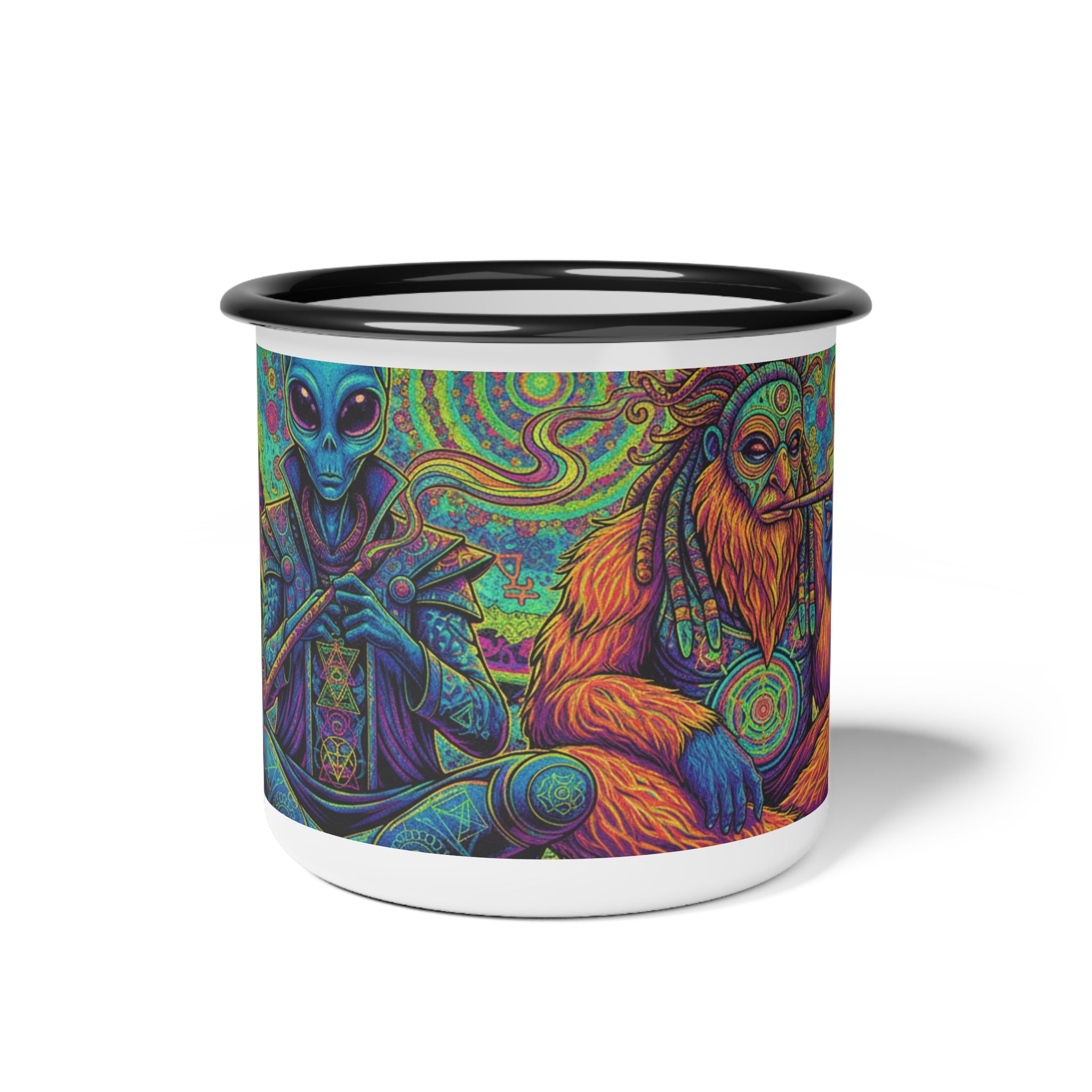 Psychedelic Alien & Sasquatch Enamel Camp Cup — Trippy Mushroom Camping Mug