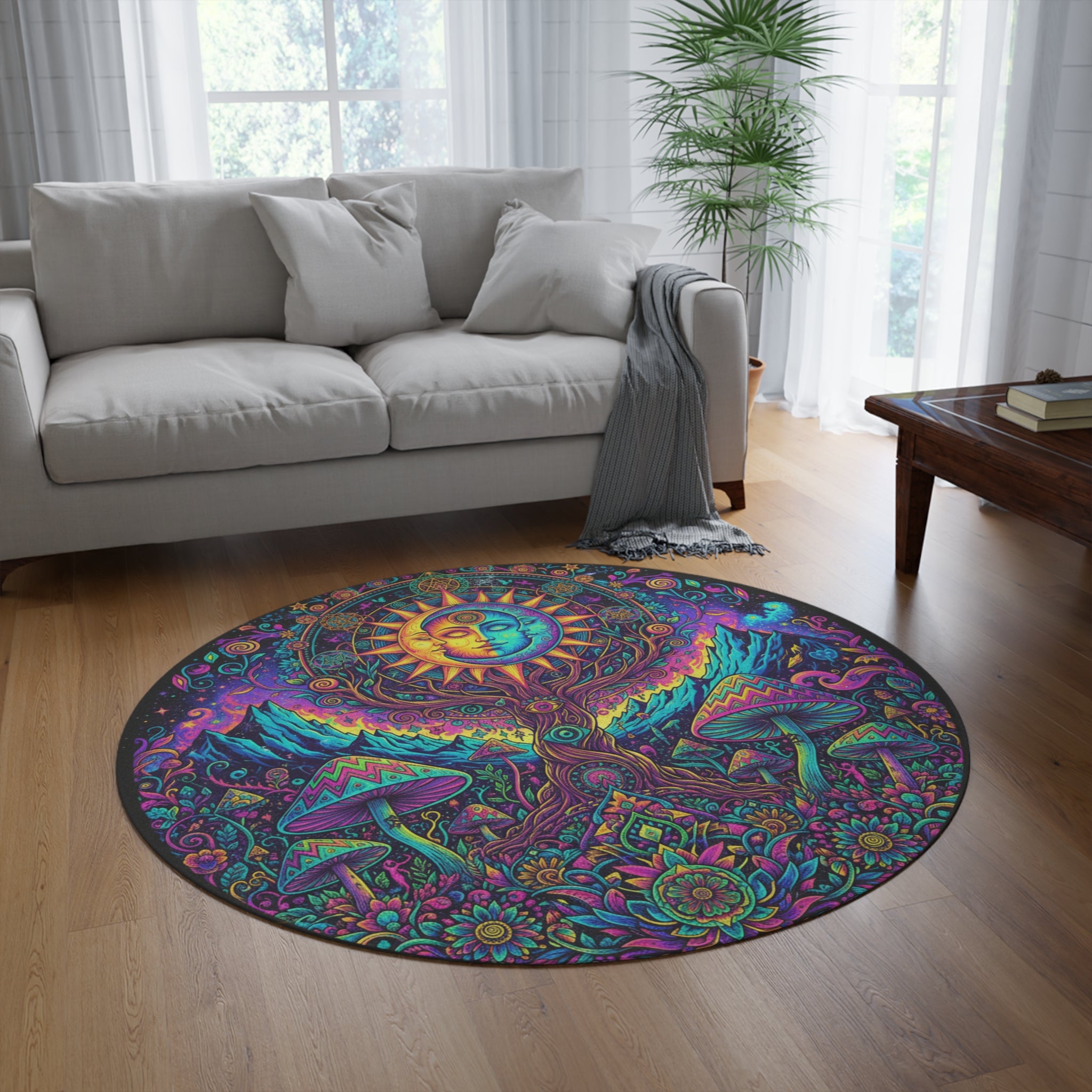 Psychedelic Sun & Mushroom Round Rug