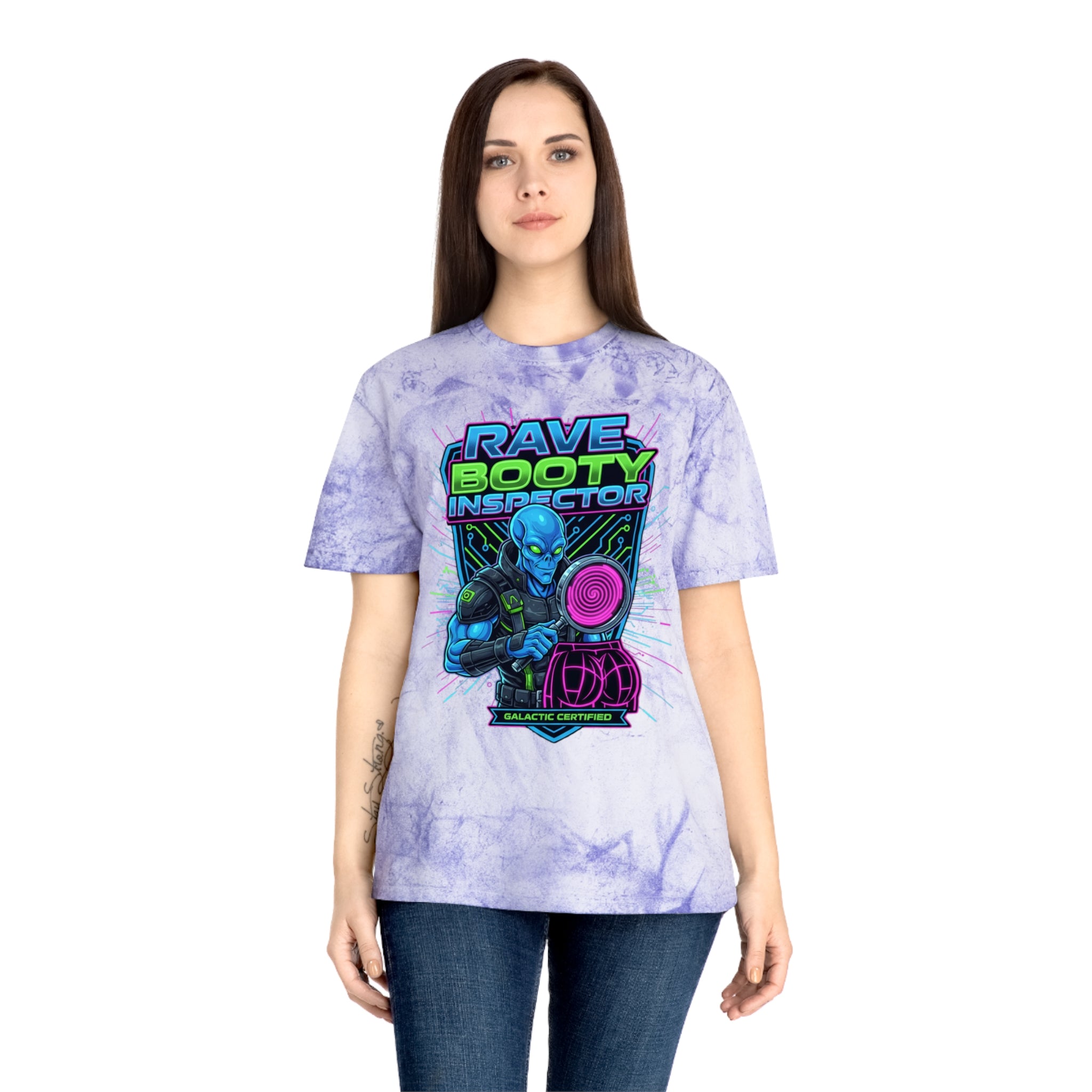Rave Booty Inspector T‑Shirt — Neon Alien DJ Graphic Tee