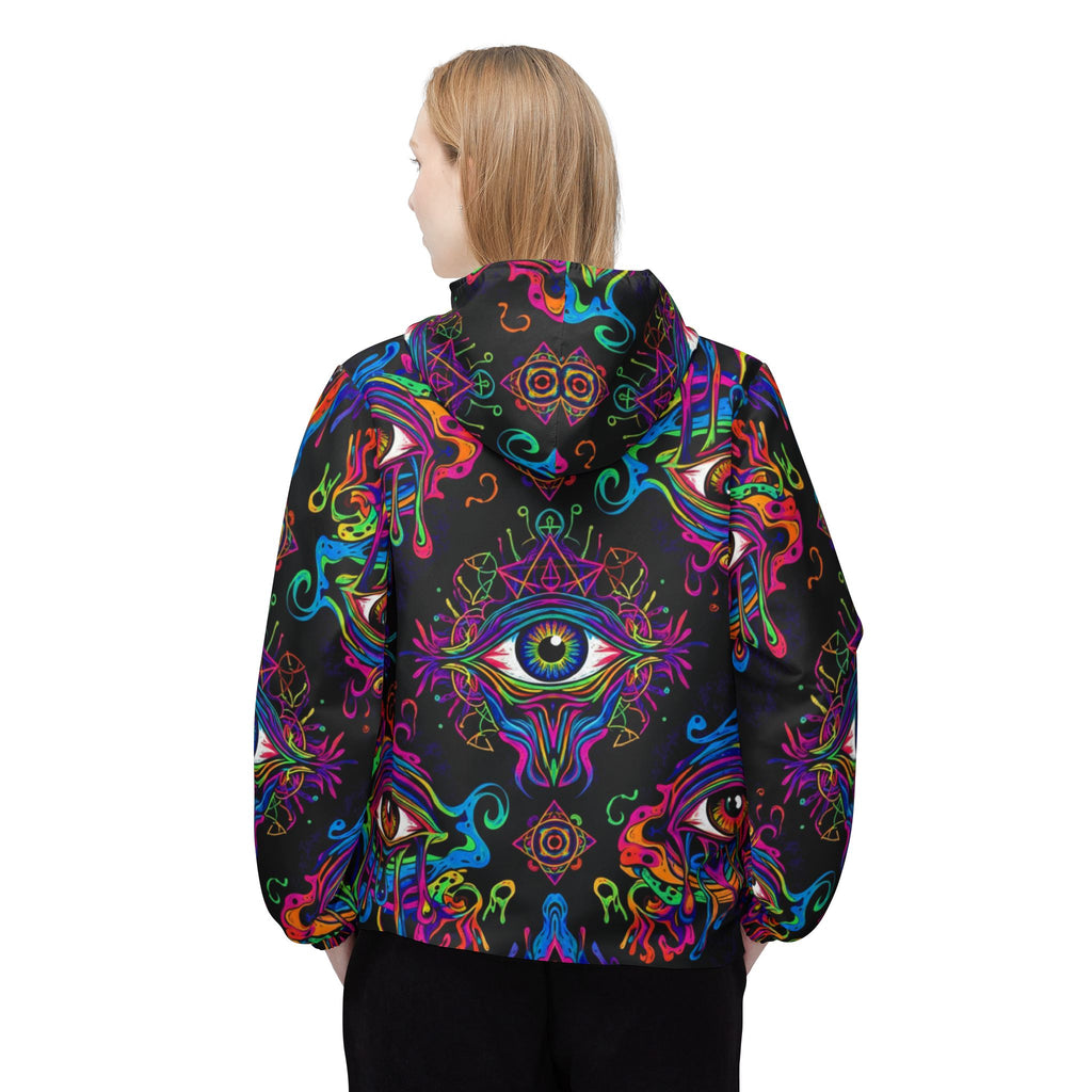 Psychedelic All-Seeing Eye Windbreaker Jacket — Neon Trippy AOP Hooded Shell