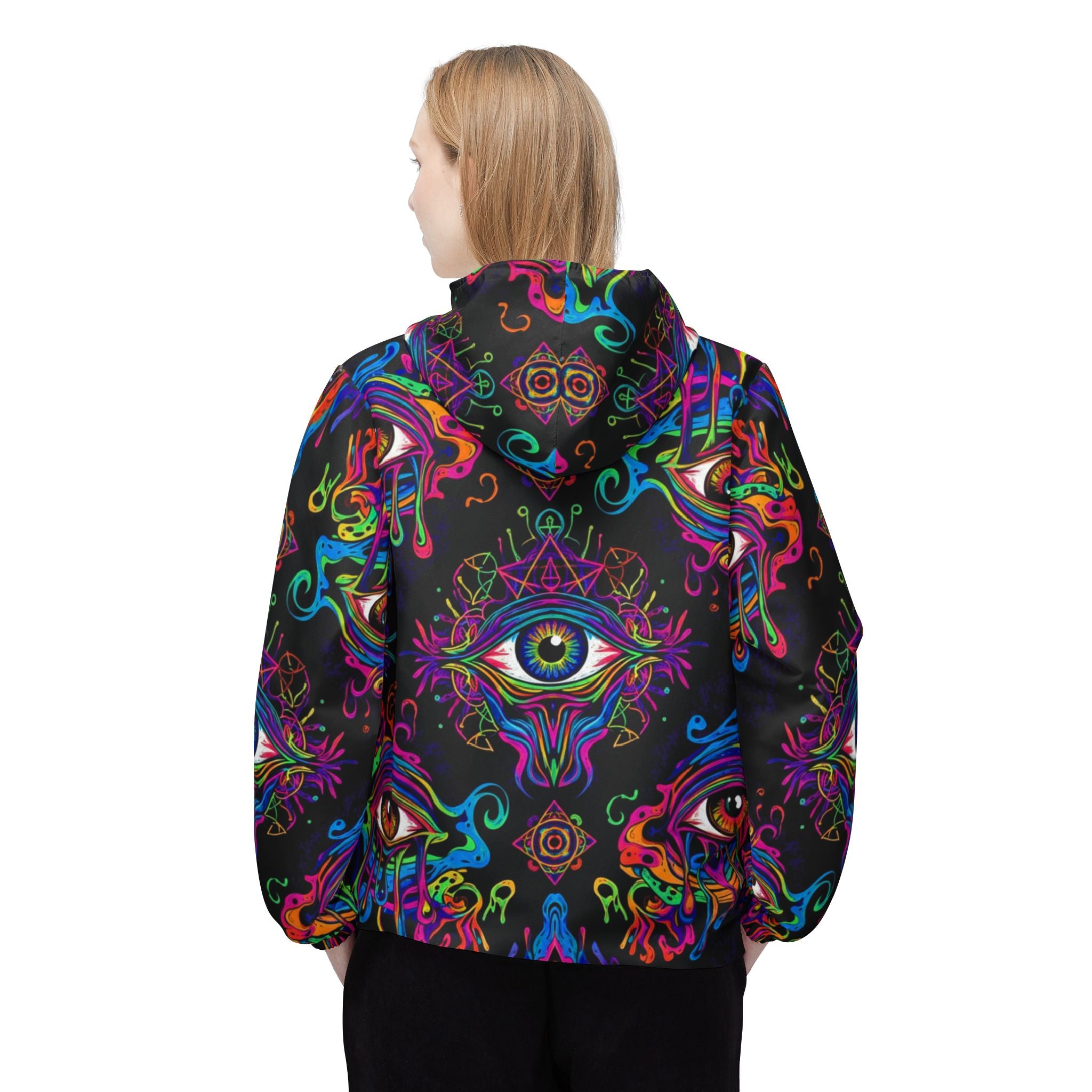 Psychedelic All-Seeing Eye Windbreaker Jacket — Neon Trippy AOP Hooded Shell