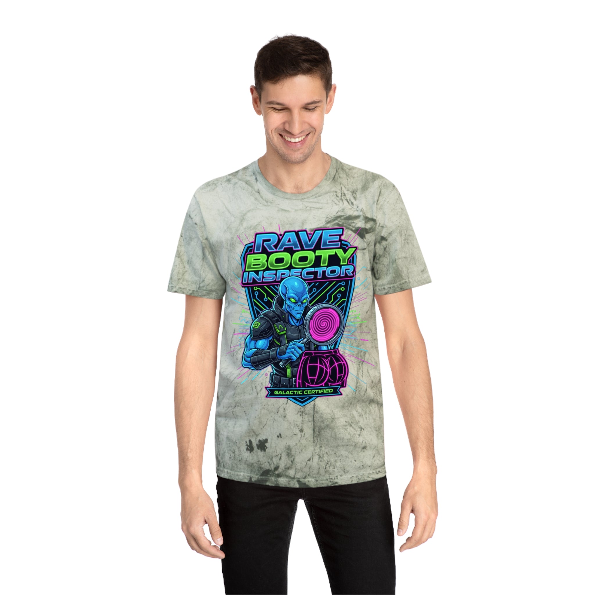 Rave Booty Inspector T‑Shirt — Neon Alien DJ Graphic Tee