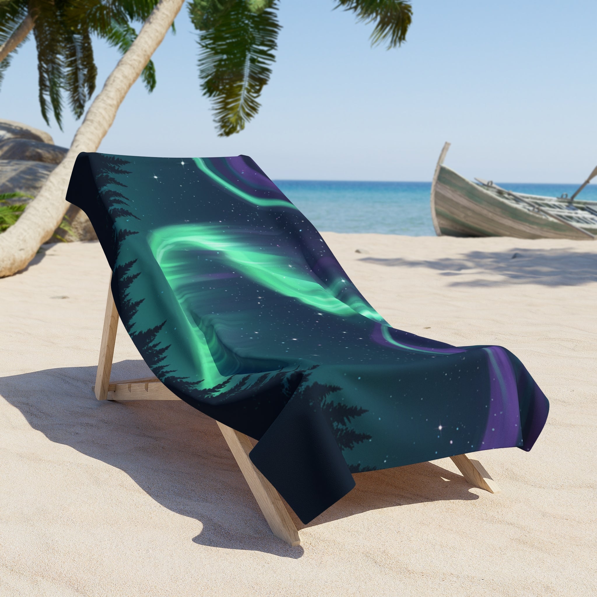 Aurora Night Sky Beach Towel — Northern Lights Sunset Coastal Towel