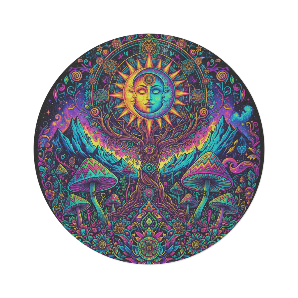 Psychedelic Sun & Mushroom Round Rug