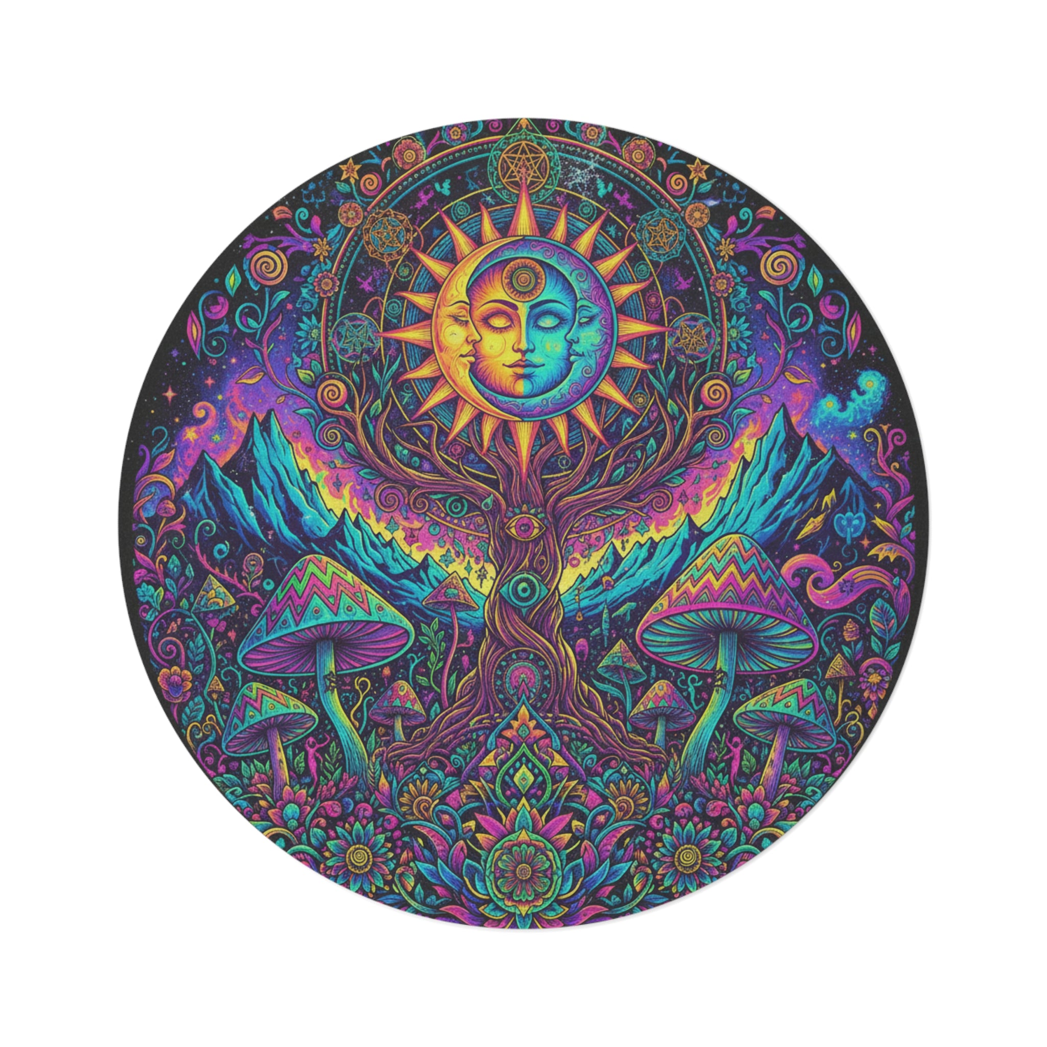 Psychedelic Sun & Mushroom Round Rug