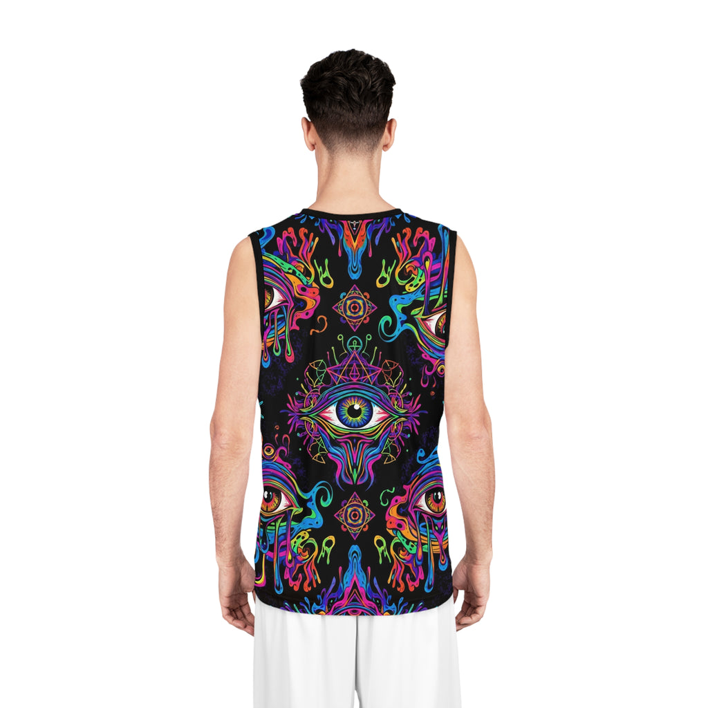 Psychedelic All-Over Print Basketball Jersey — Neon Dripping Third Eye Design