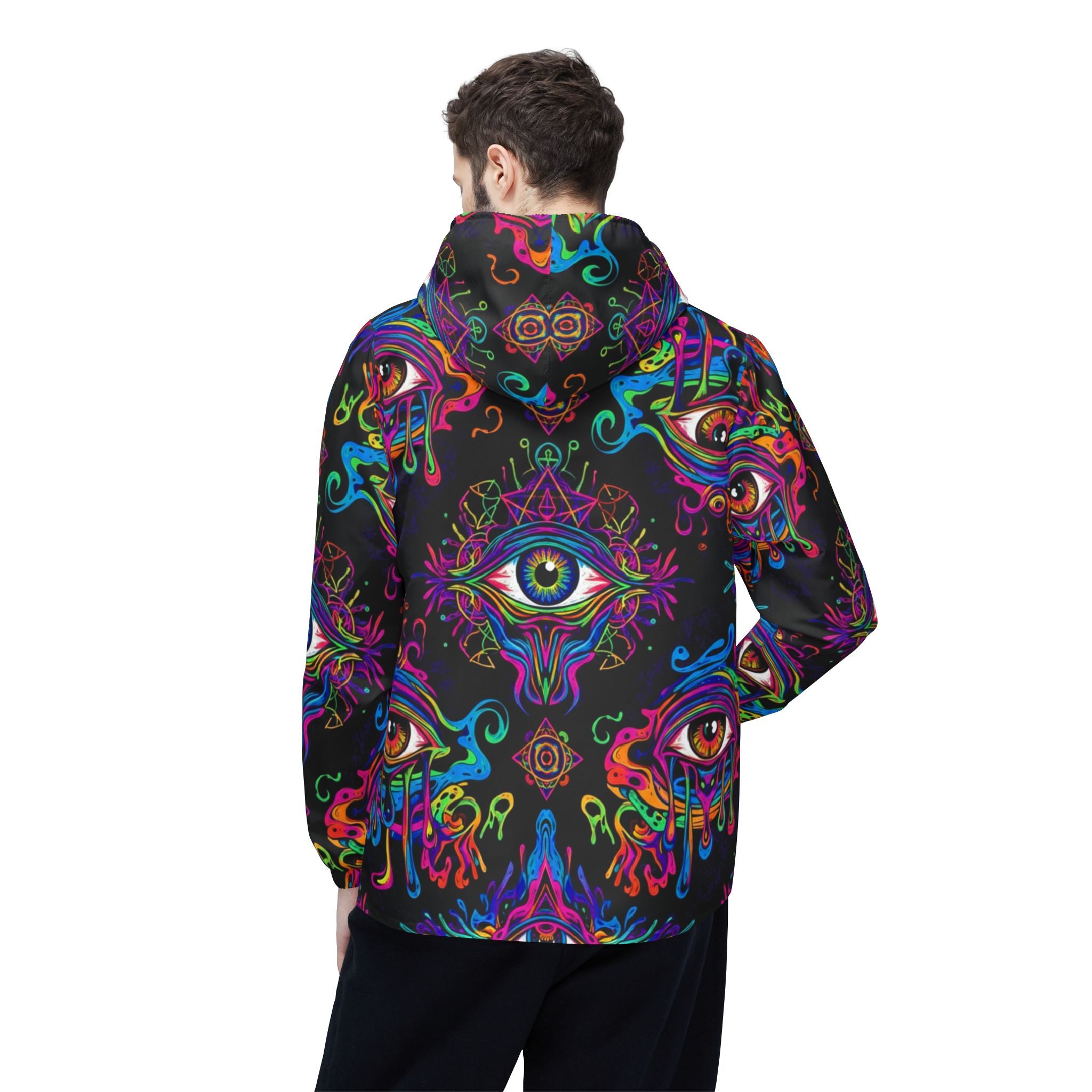 Psychedelic All-Seeing Eye Windbreaker Jacket — Neon Trippy AOP Hooded Shell