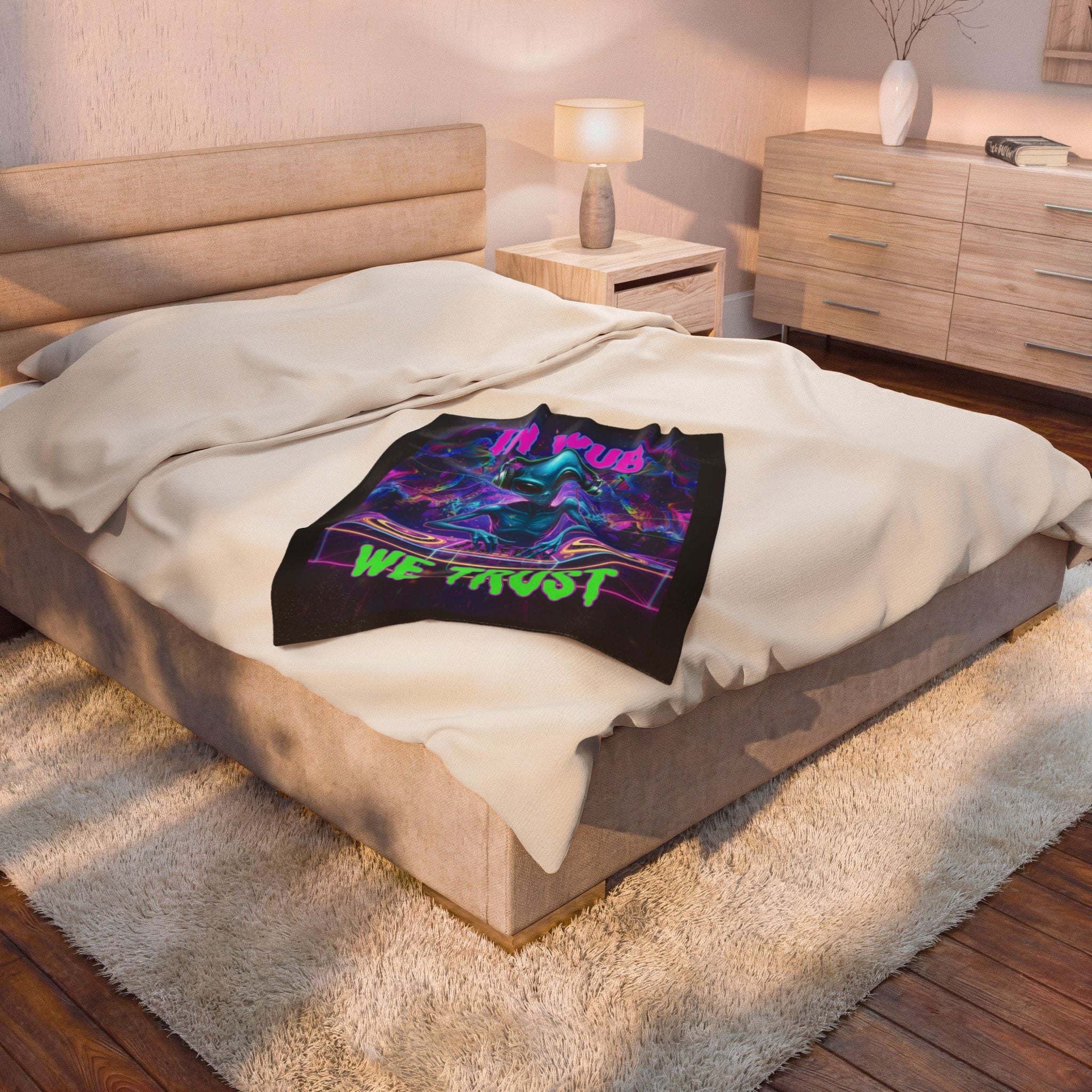 Alien DJ Velveteen Plush Blanket — "In Wub We Trust"