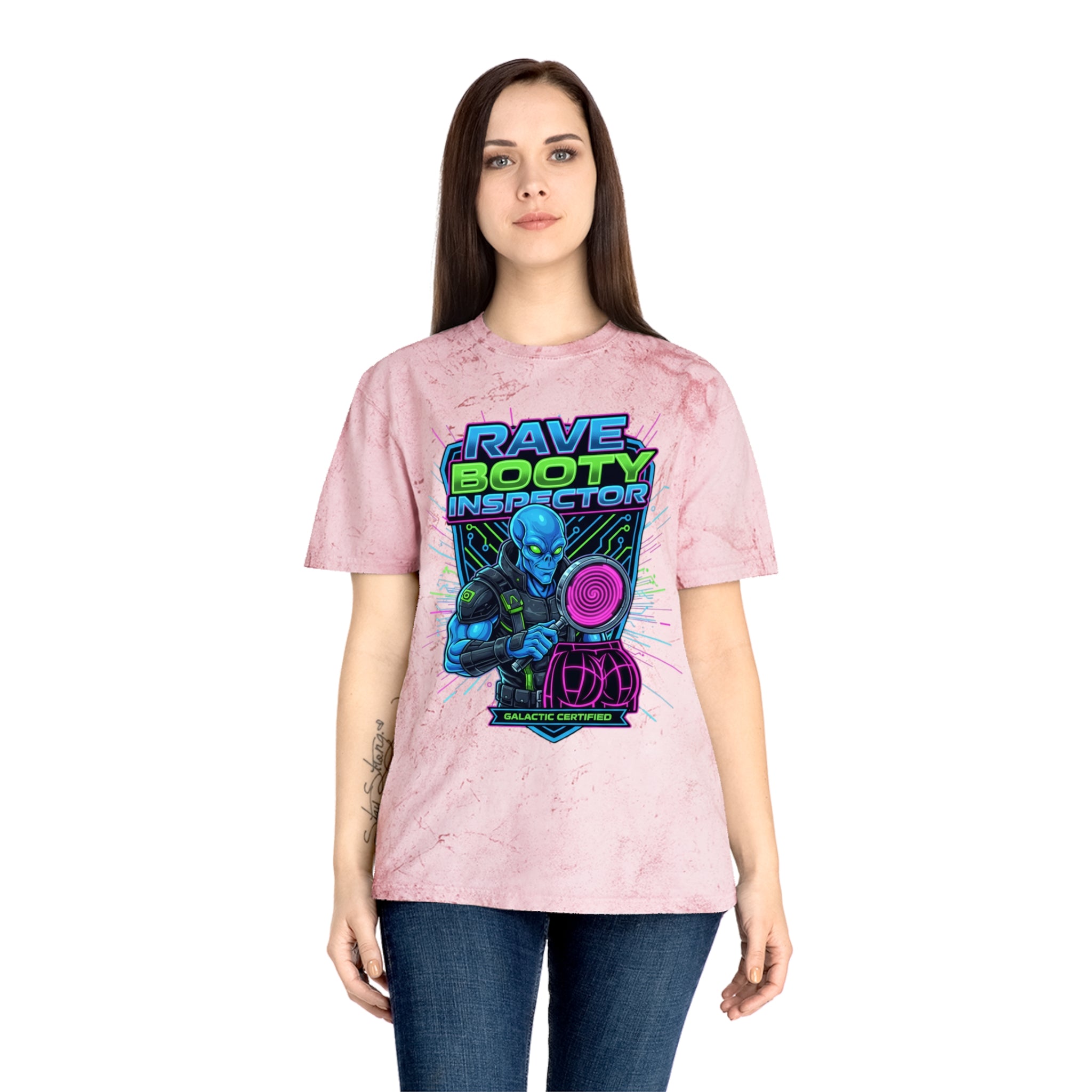 Rave Booty Inspector T‑Shirt — Neon Alien DJ Graphic Tee