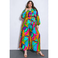 Plus Size Watercolor Printed Woven Jumpsuit | Green Pink Long Sleeve Overall Romper [Sizes 1X-3X]