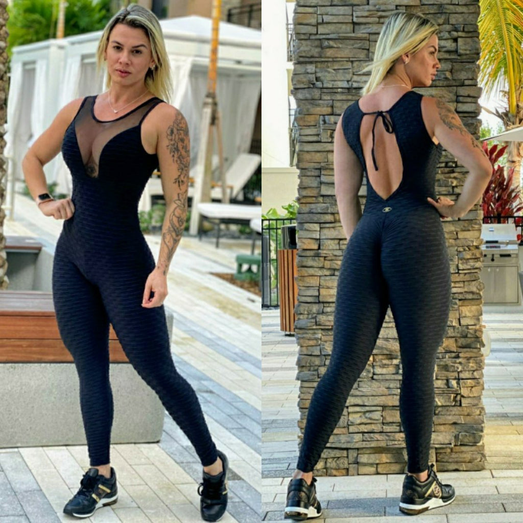 BUTT SCRUNCH CLEAVAGE BLACK TEXTURE WAVE JUMPSUIT