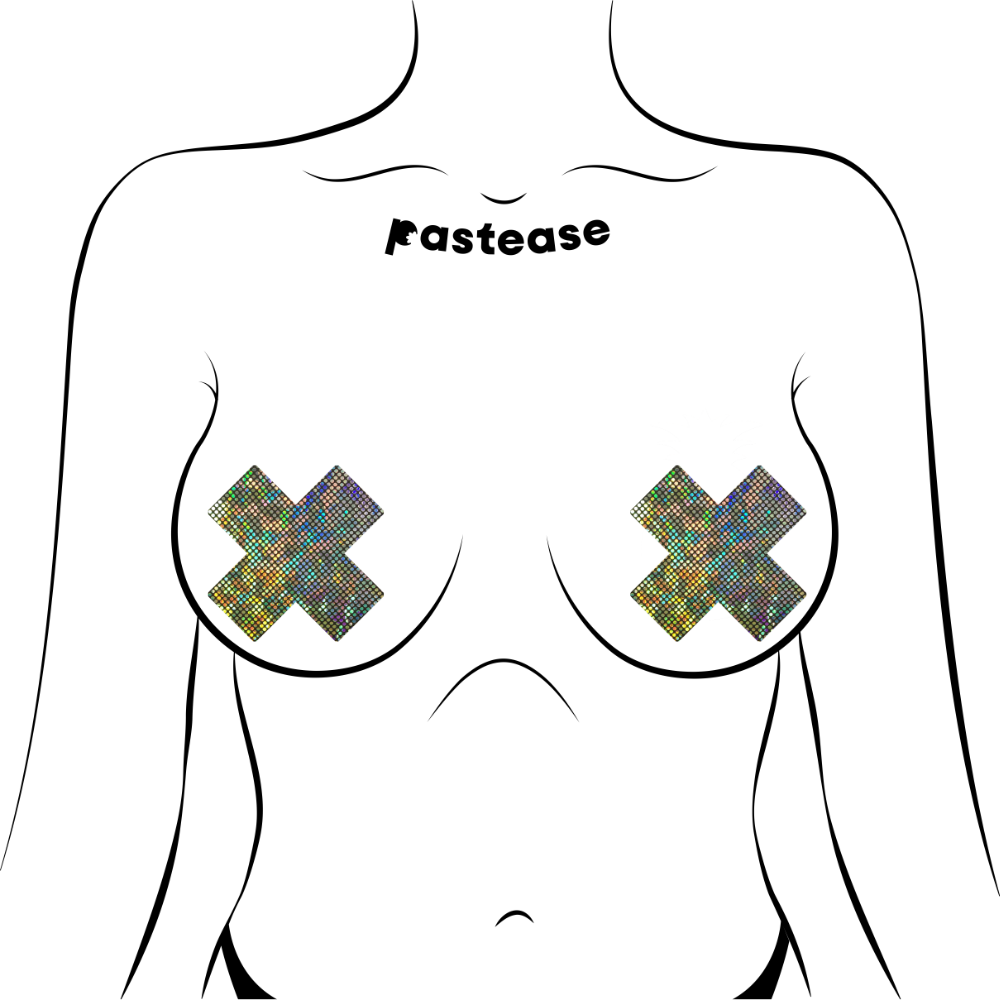 5-Pack: Plus X: Shattered Glass Disco Ball Glitter Silver Cross Nipple Pasties by Pastease® o/s